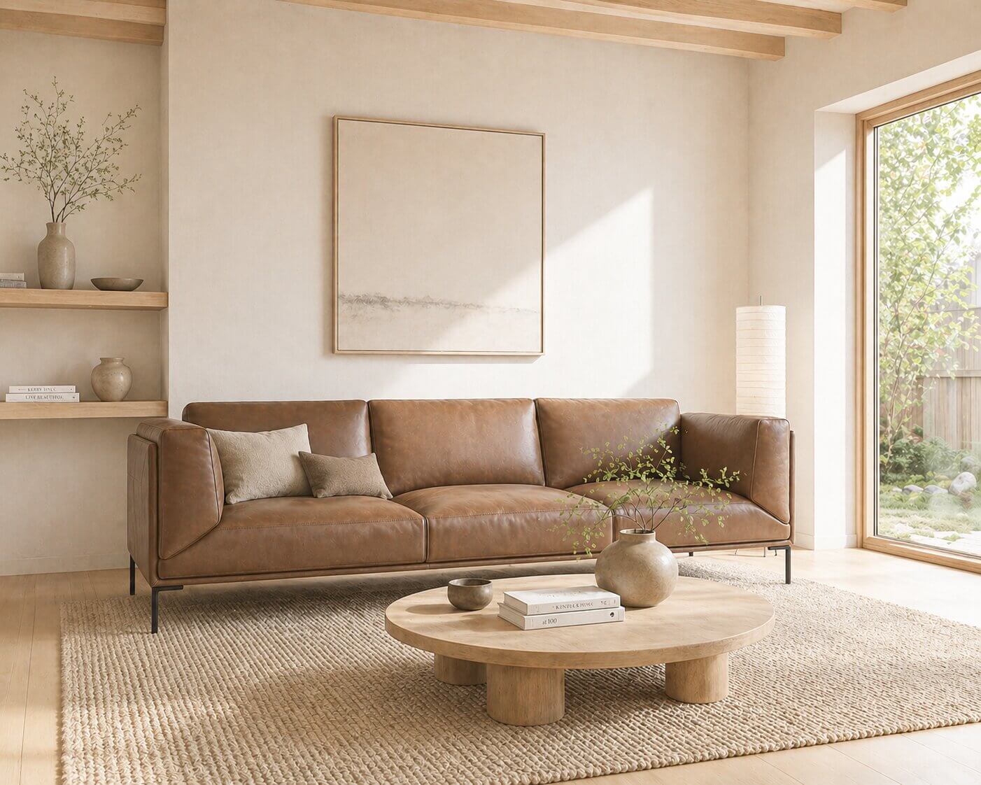 Sofa Drake in einem hellen Wohnzimmer mit Holzdetails, einem runden Teppich und Couchtisch - Het Anker