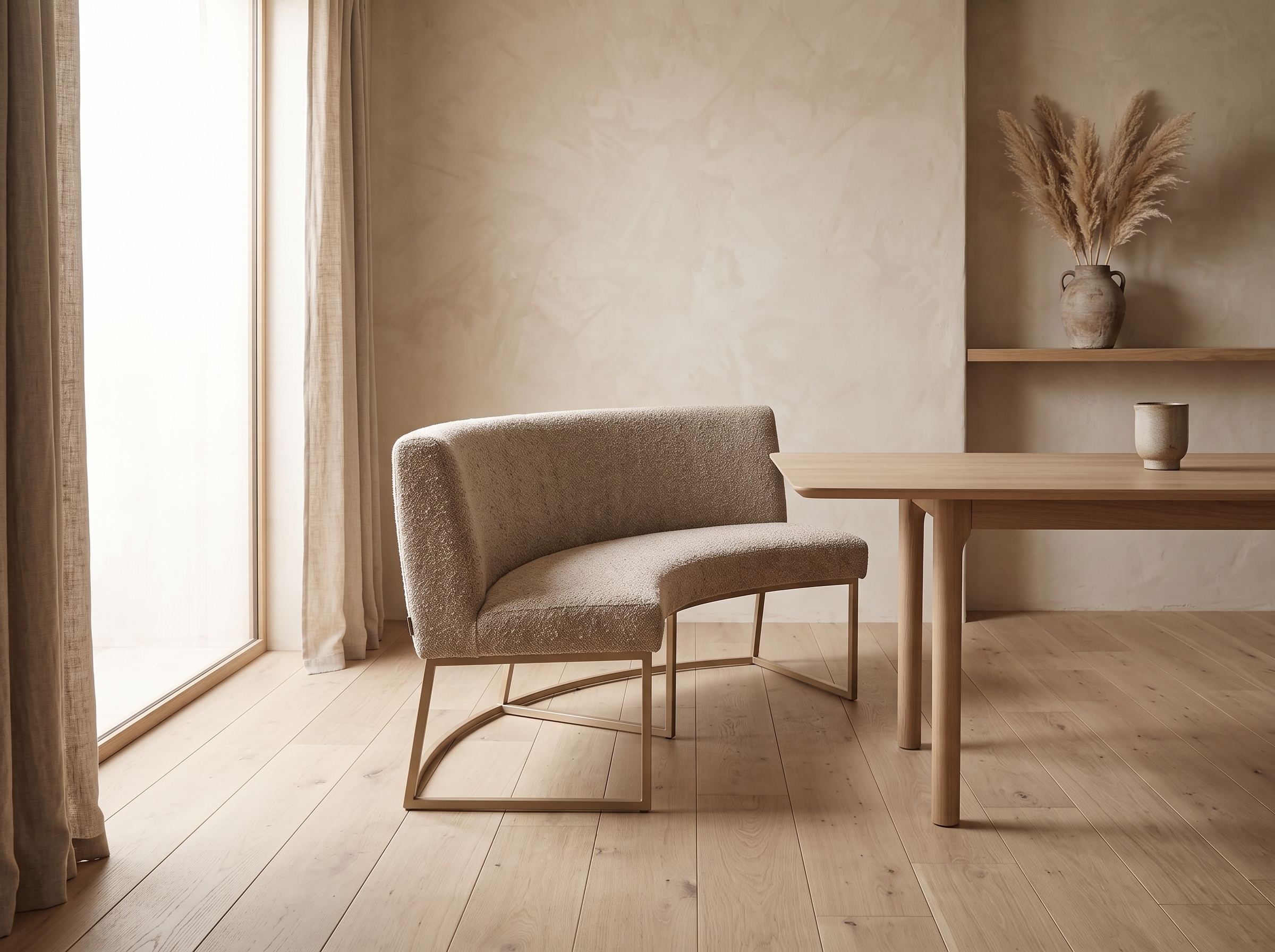 Eetkamerbank Zara ovaal in een lichte, minimalistische eetkamer met houten vloer en raam - Het Anker