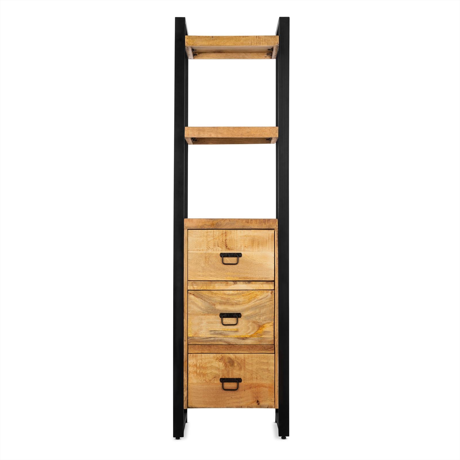 Das Bücherregal Britt mit Schubladen, ein hoher, schmaler Schrank mit zwei offenen Regalböden und drei Schubladen, steht auf weißem Hintergrund - Benoa