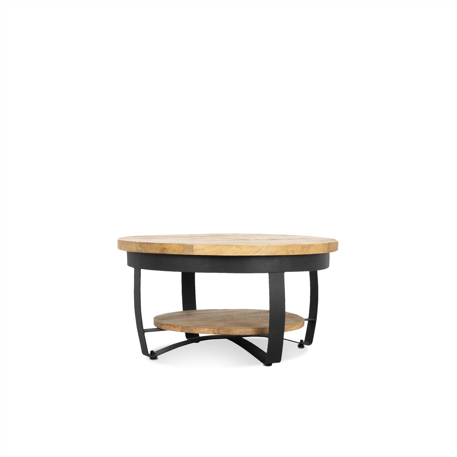 Couchtisch Paras Metall 65 auf weißem Hintergrund, mit einer Holzplatte und einem schwarzen Metallgestell - Benoa