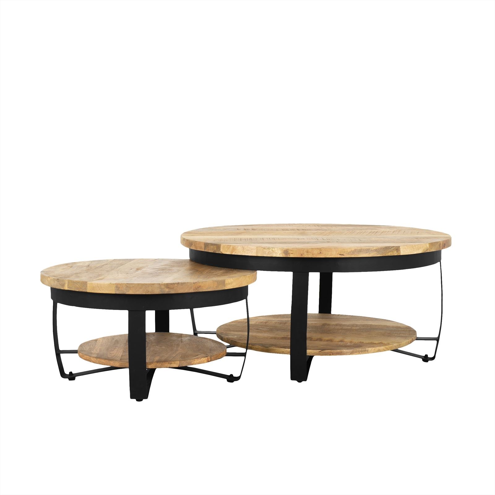 Zwei runde Benoa Couchtische Paras Metall 65 mit Holzplatten und schwarzen Metallgestellen auf weißem Hintergrund