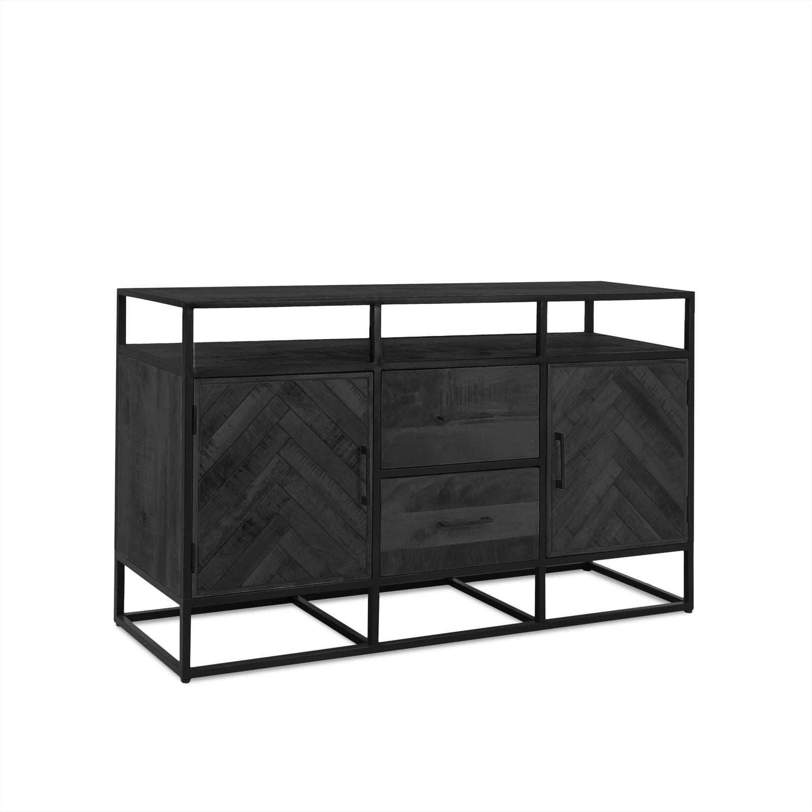 Sideboard Jax Schwarz auf weißem Hintergrund, Vorderseite und rechte Seite sichtbar - Benoa