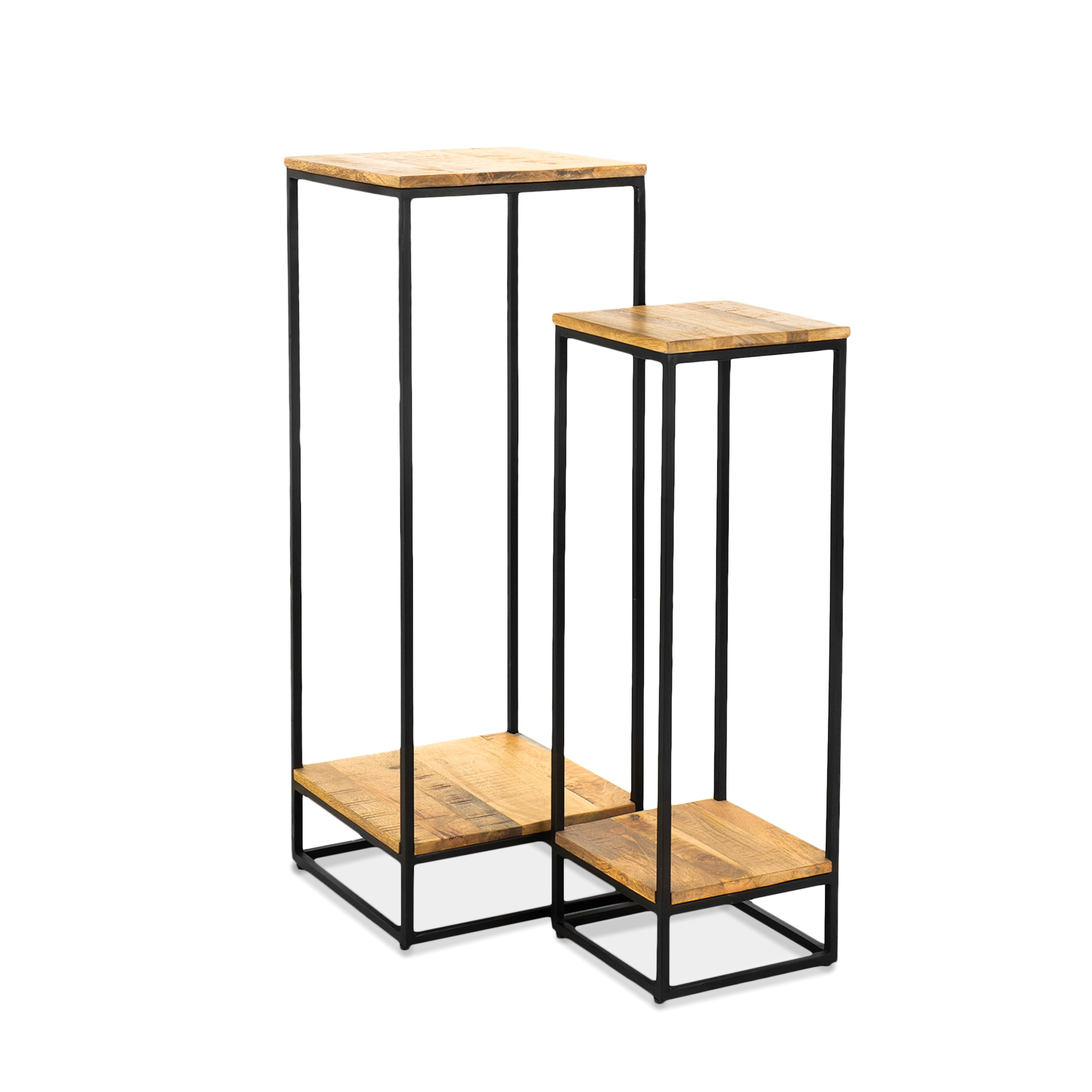 Set aus zwei Tischen für Pflanzen mit Holzplatten und schwarzen Metallrahmen auf weißem Hintergrund - Benoa