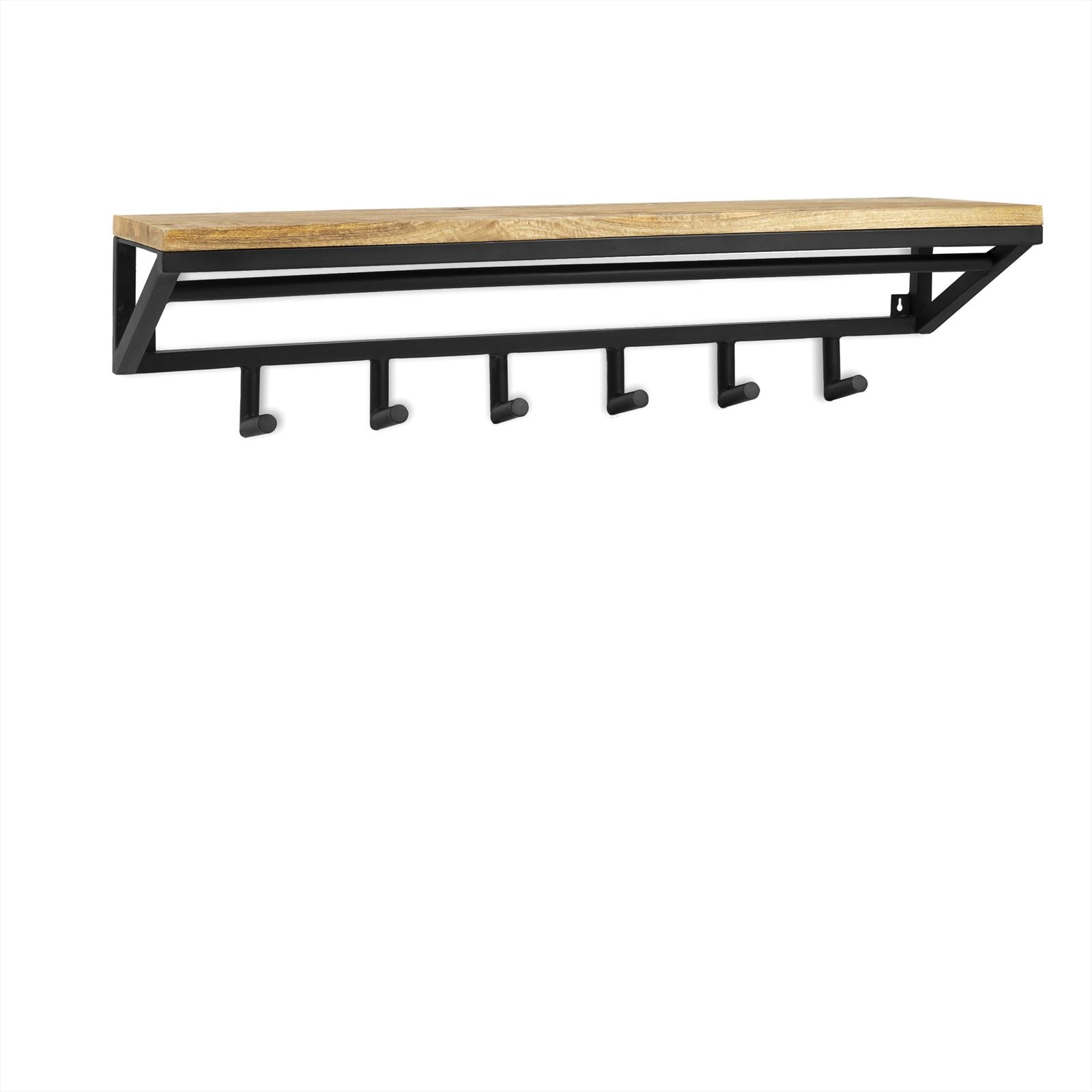 Garderobe Industrial von Benoa, eine Garderobe mit Holzregal und schwarzen Haken auf weißem Hintergrund