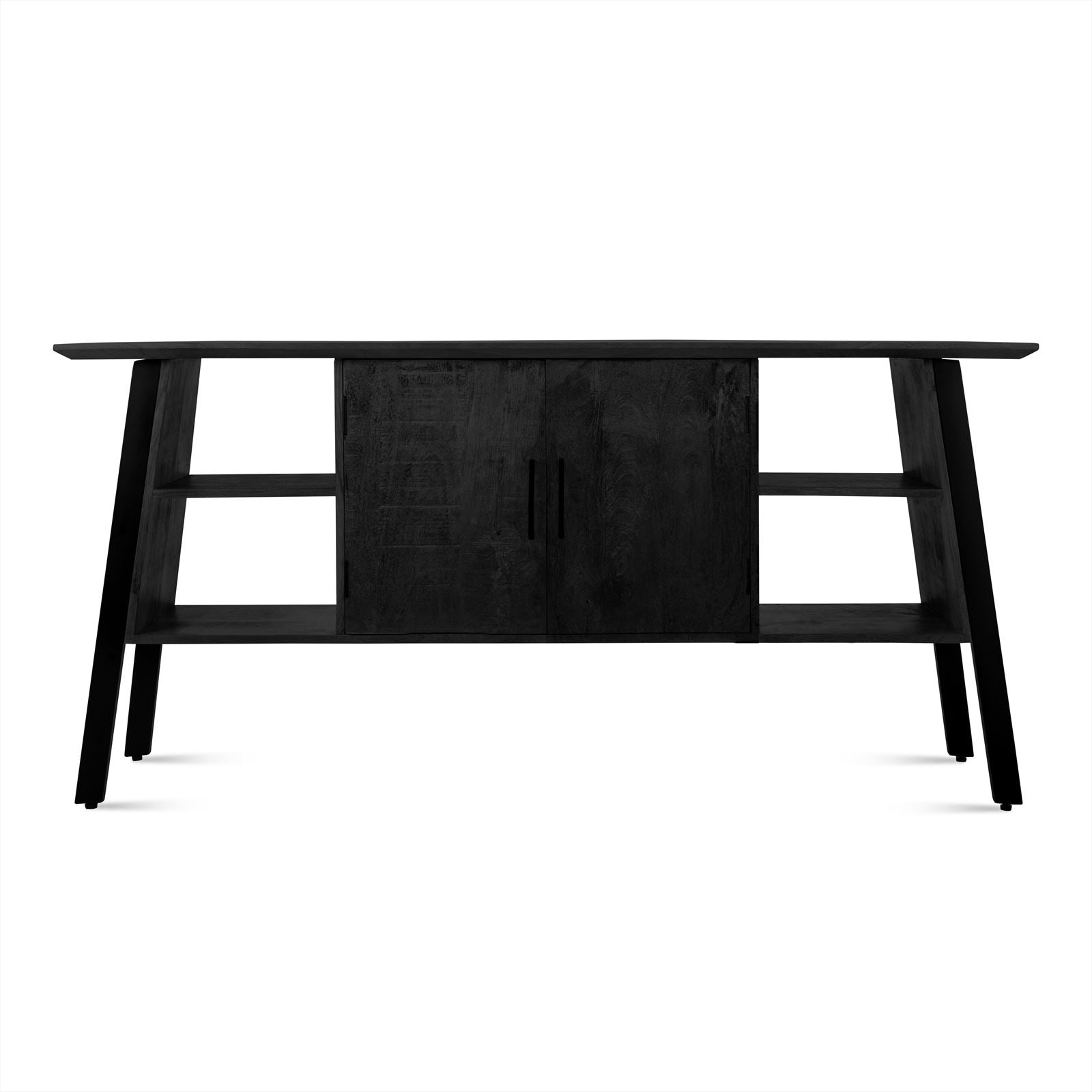 Sideboard Berlin Schwarz auf weißem Hintergrund, frontal aufgenommen mit zwei offenen Fächern und zwei Türen - Benoa
