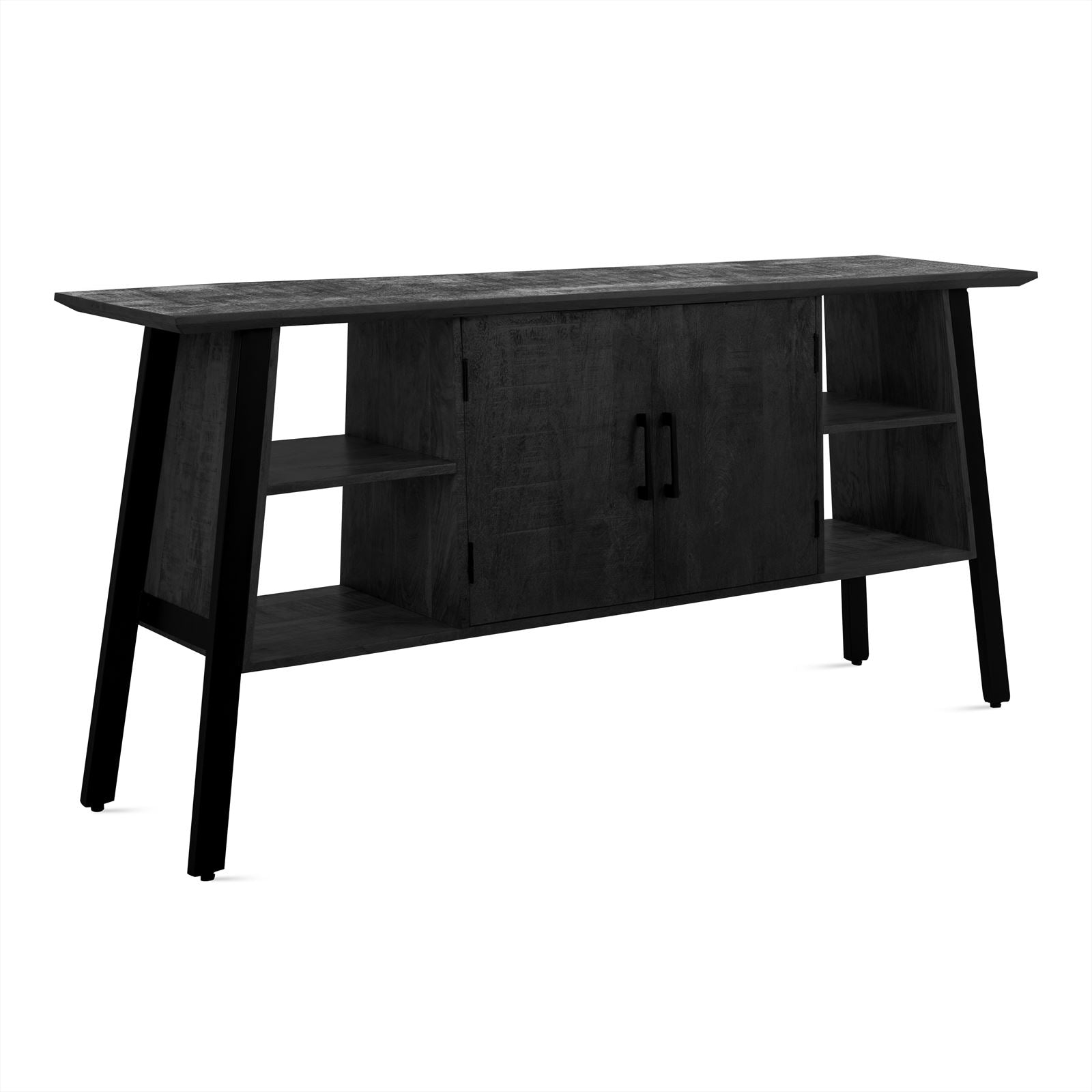 Sideboard Berlin Schwarz von Benoa, ein niedriger Schrank mit offenen Fächern und Türen, auf weißem Hintergrund fotografiert