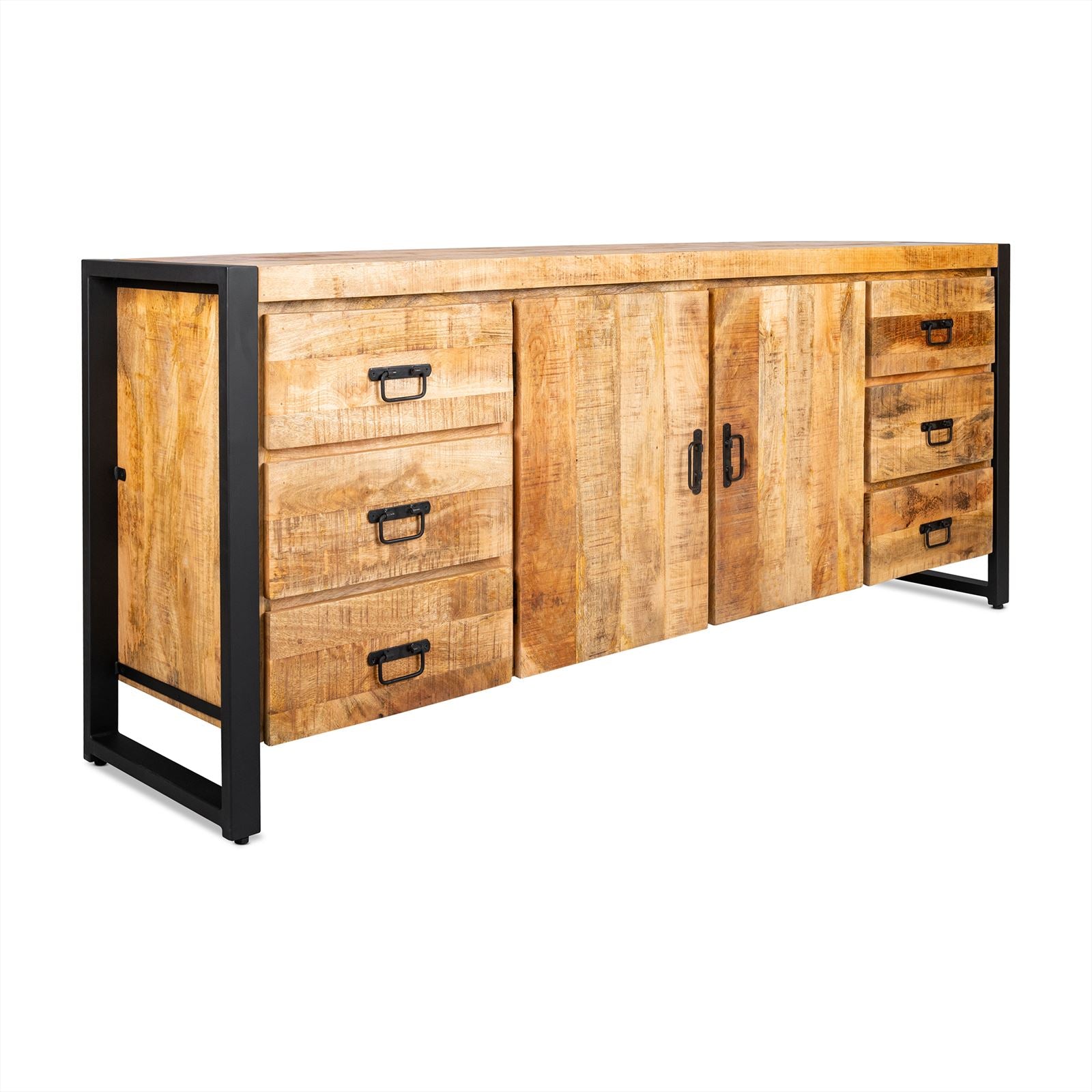 Sideboard Britt 200 auf weißem Hintergrund, mit heller Holzoberfläche und schwarzem Metallrahmen - Benoa