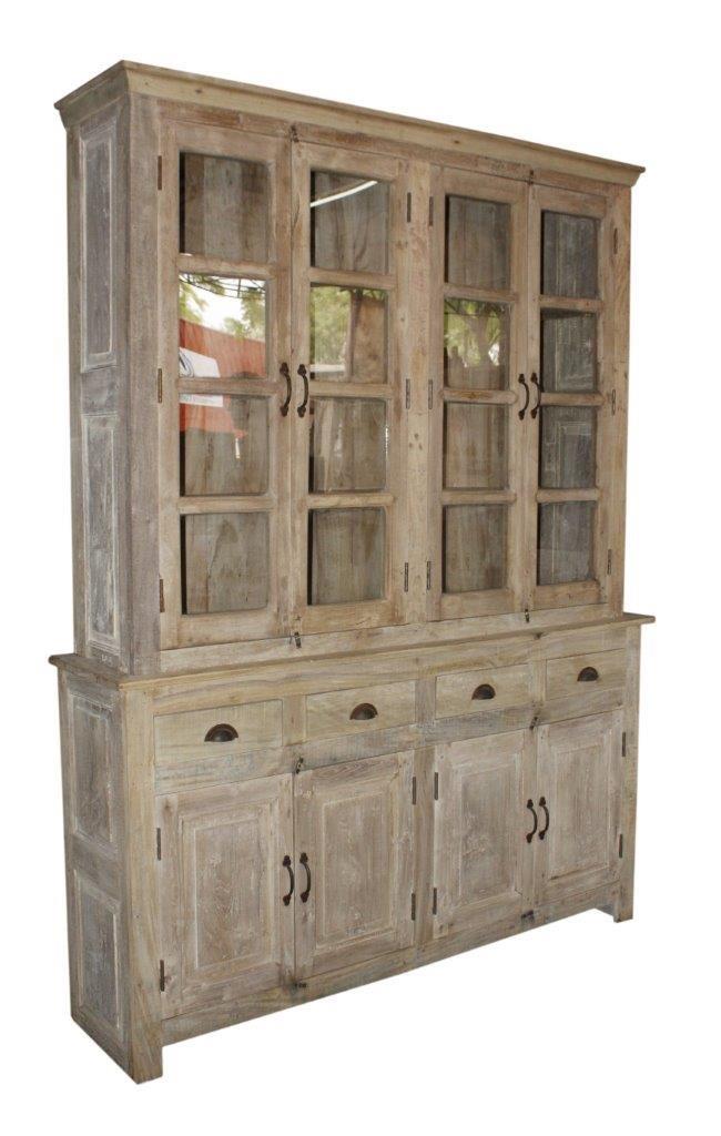 Schrank India Oud 296768, ein hölzerner Vitrinenschrank mit Glastüren und Schubladen, auf weißem Hintergrund - Benoa