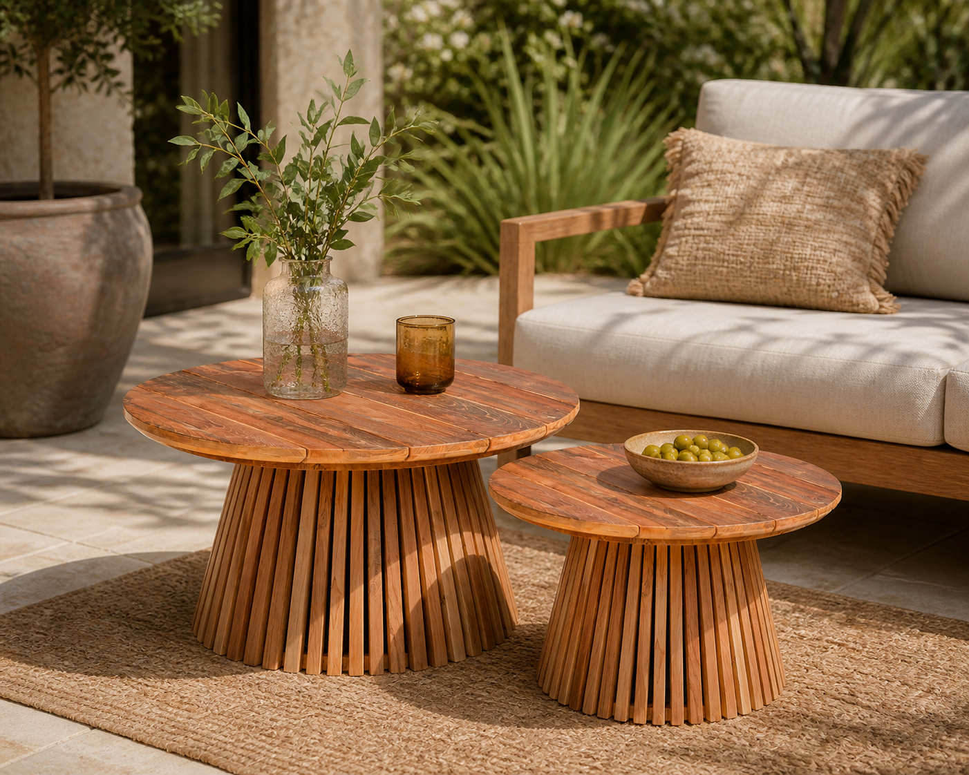 Zwei Garten-Couchtische Negara Teak Kegel auf einer Terrasse mit einem Sofa und Pflanzen - Benoa
