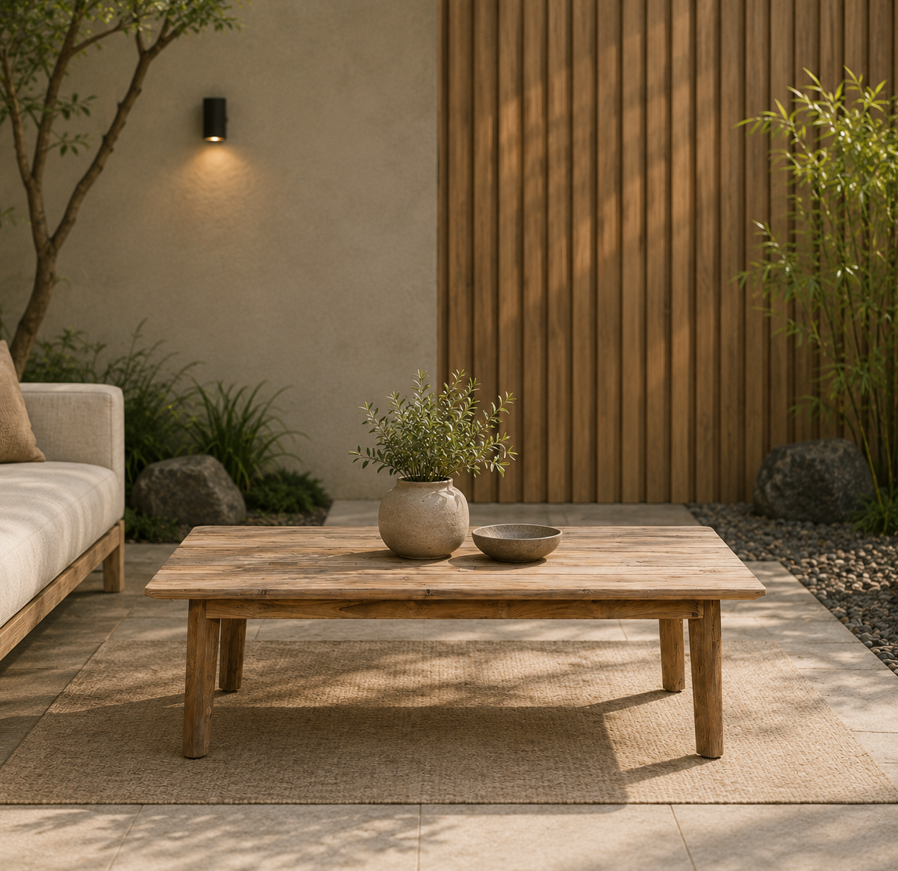 Der Garten Couchtisch Bromo Teak 130 steht auf einem Teppich in einer Garteneinstellung mit Pflanzen und Holzpaneelen - Benoa