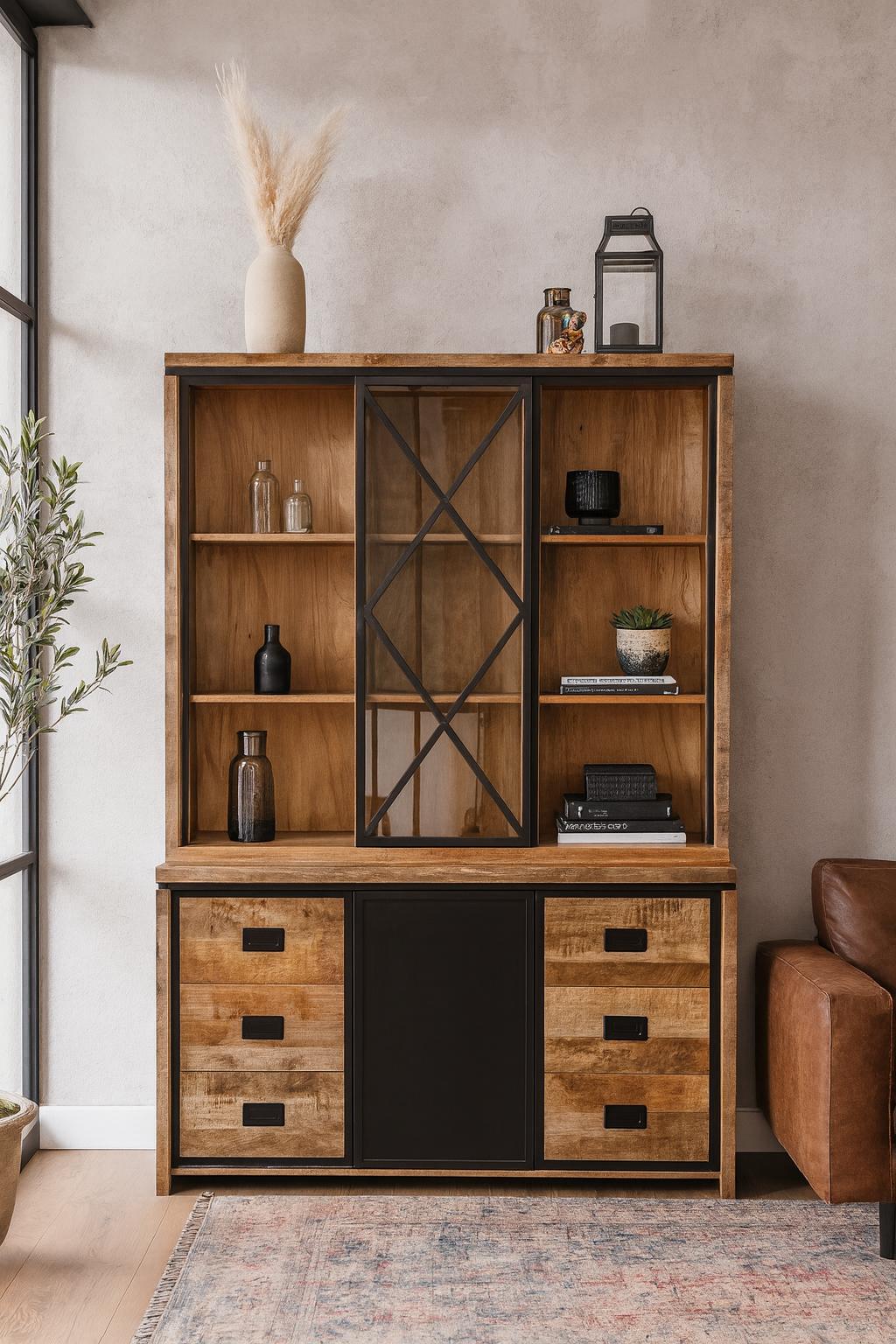 Vitrine Novelle 160 in einem stimmungsvollen Wohnzimmerambiente, mit Dekoration auf und im Schrank - Benoa