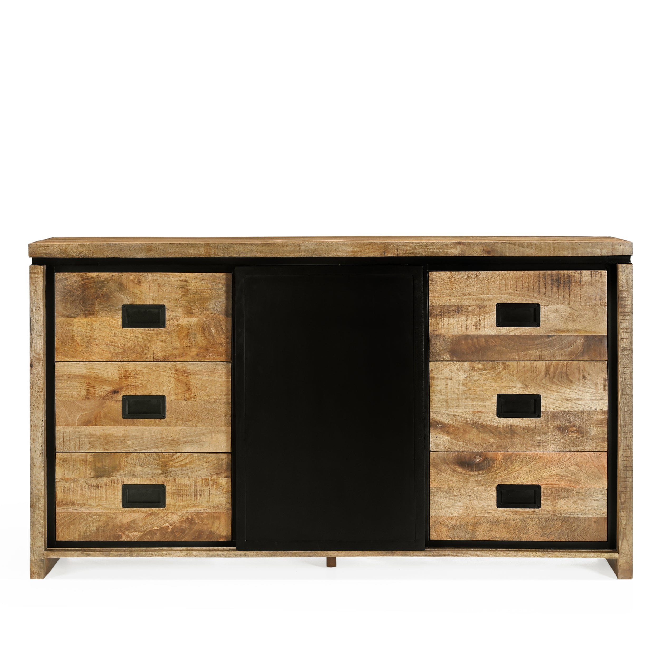 Sideboard Novelle auf weißem Hintergrund, mit einer Schiebetür und sechs Schubladen mit schwarzen Griffen - Benoa