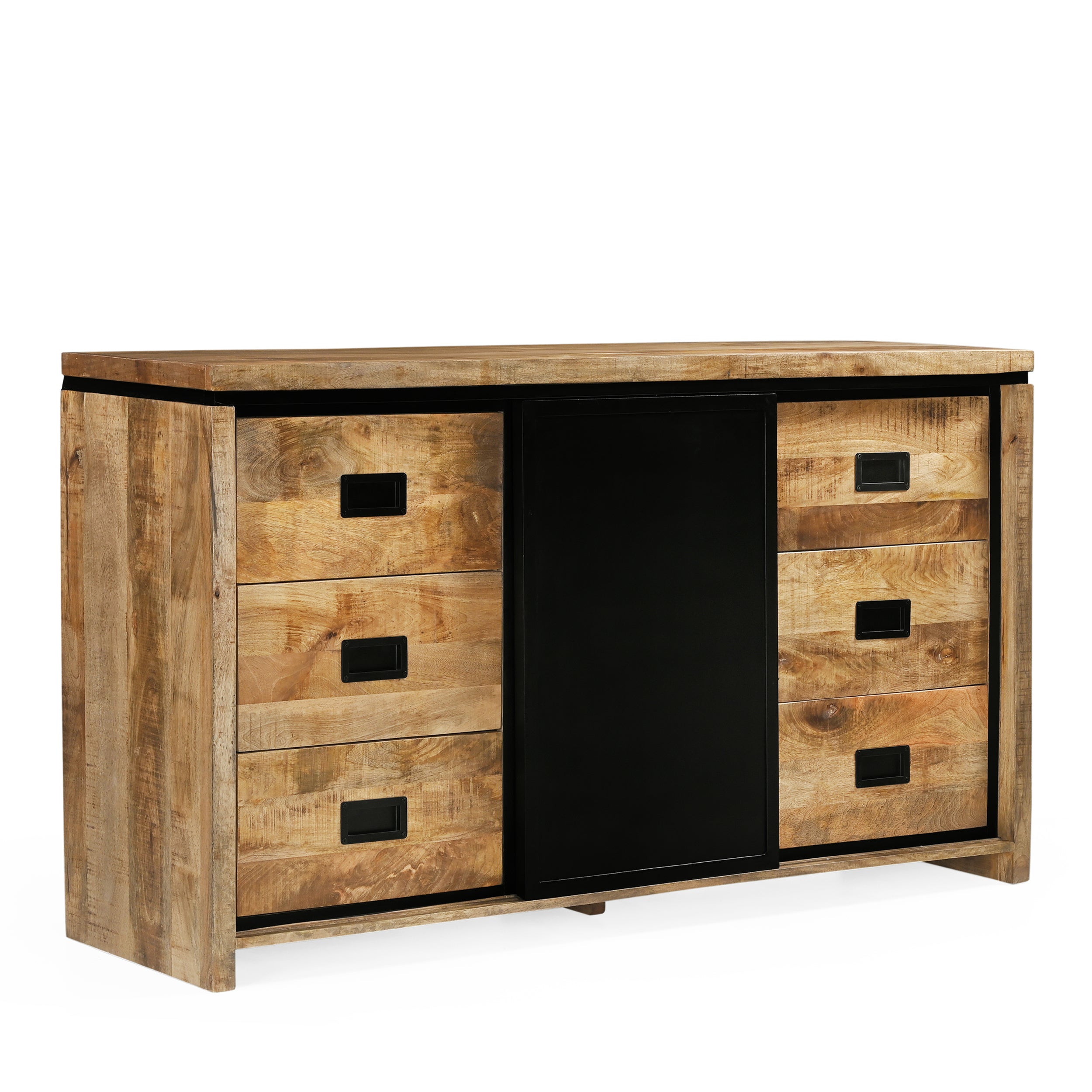Sideboard Novelle auf weißem Hintergrund, mit der Schiebetür in der Mitte, aus niedriger Perspektive - Benoa