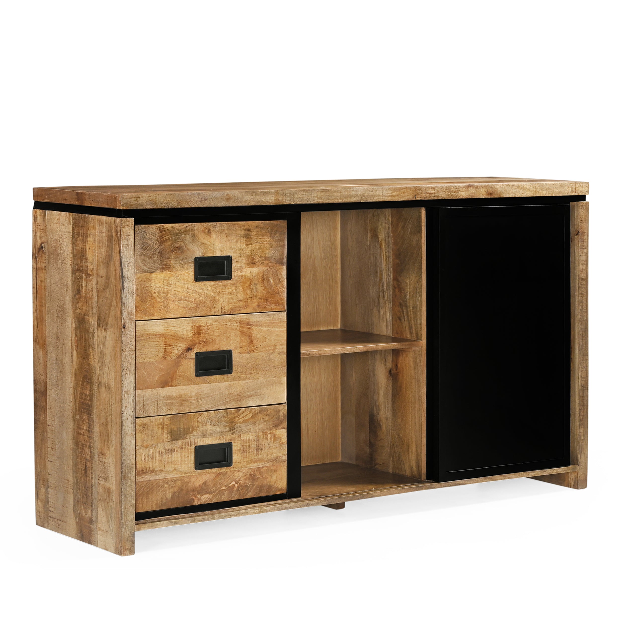 Sideboard Novelle von Benoa, stehend auf weißem Hintergrund, mit drei Schubladen und zwei offenen Fächern