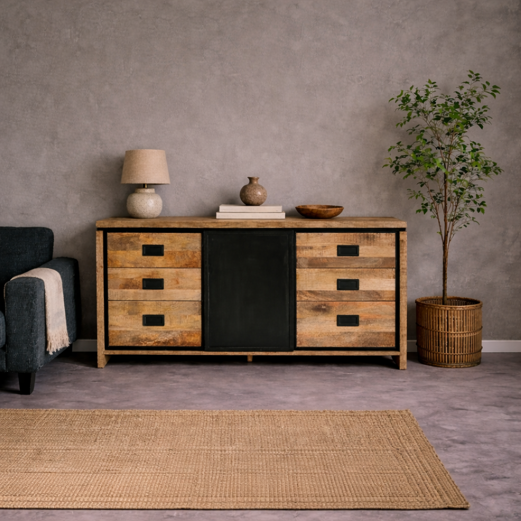 Sideboard Novelle in einem stimmungsvollen Wohnzimmer mit Pflanze, Teppich und Sessel - Benoa