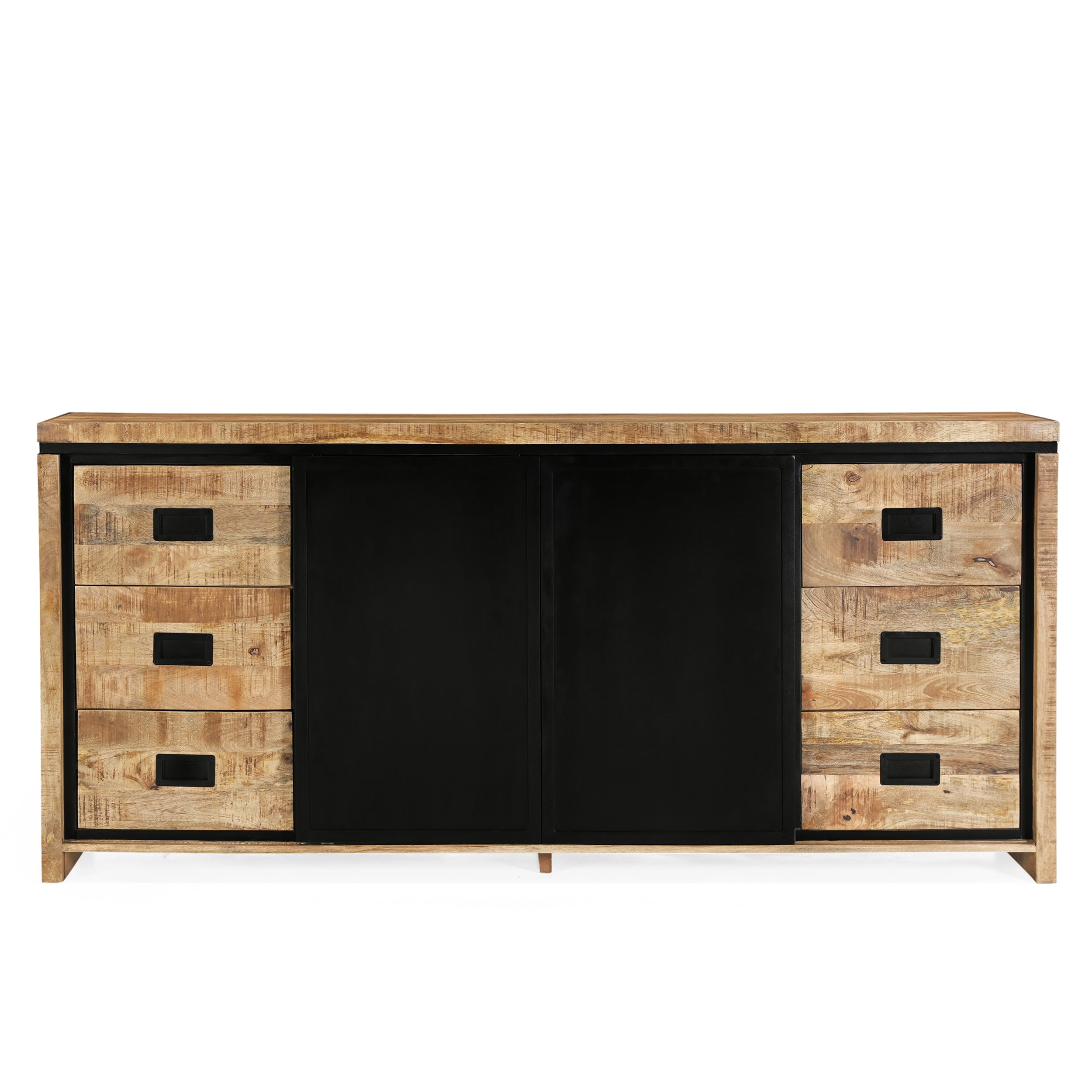 Sideboard Novelle mit sechs Schubladen und zwei Schiebetüren auf weißem Hintergrund, frontal fotografiert - Benoa