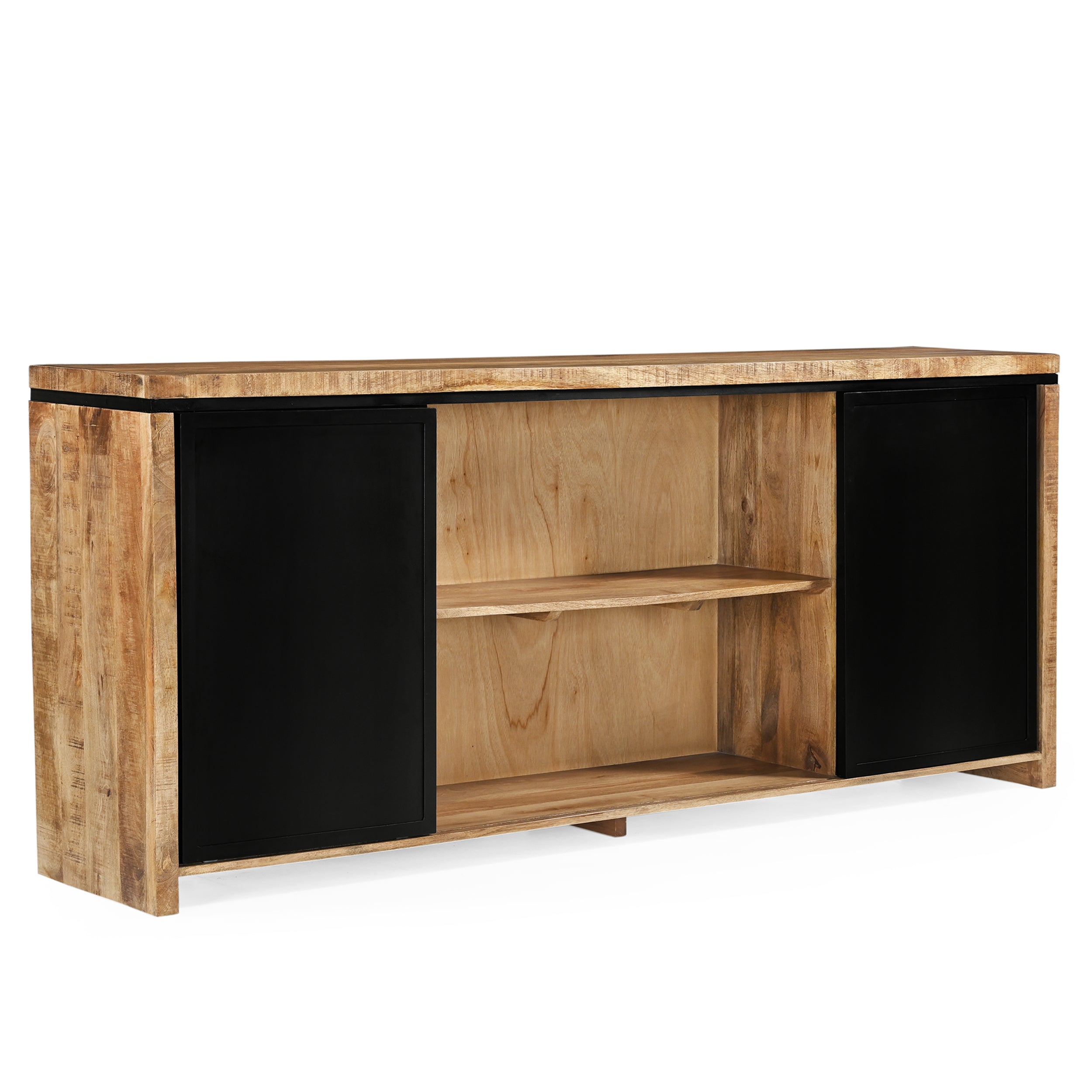 Sideboard Novelle auf weißem Hintergrund, mit teilweise geöffneten Schiebetüren und einem sichtbaren Regal - Benoa