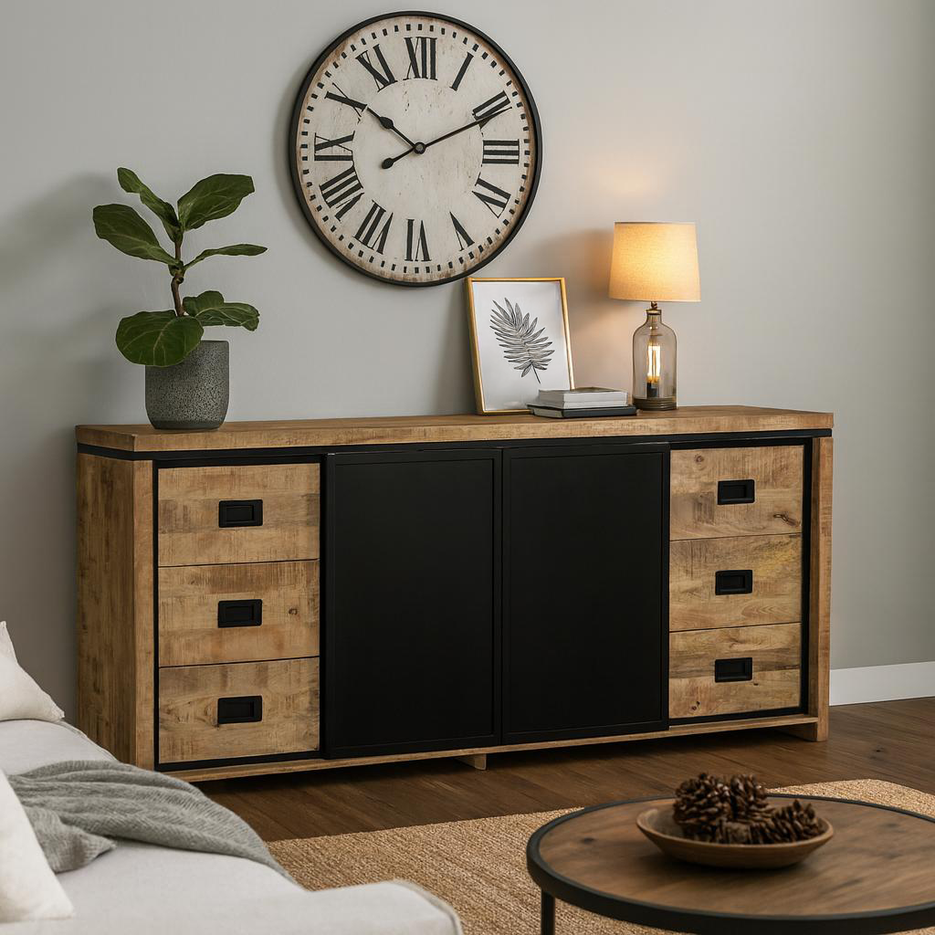 Sideboard Novelle in einem stimmungsvollen Wohnzimmer mit Pflanze, Uhr und Lampe - Benoa