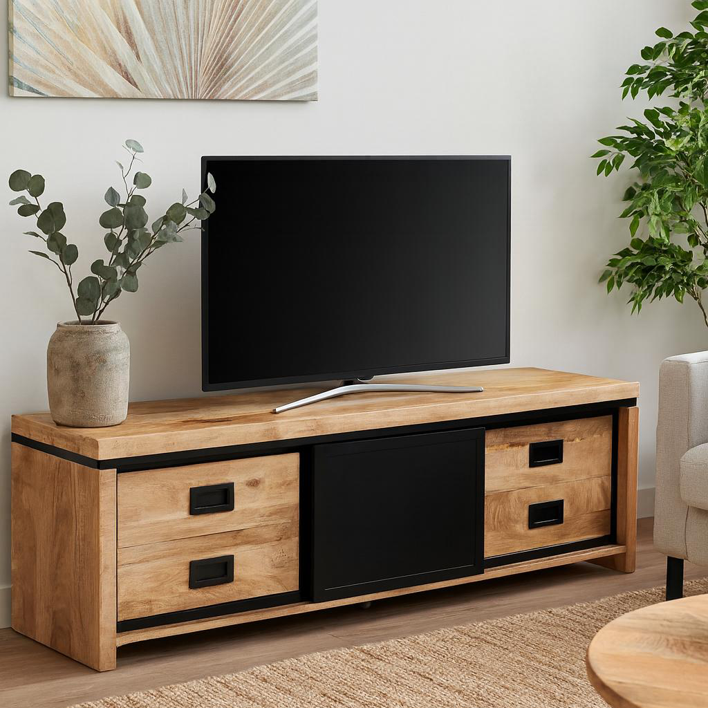 TV-Möbel Novelle in einem hellen Wohnzimmer mit Fernseher, einer Pflanze und einem Couchtisch - Benoa