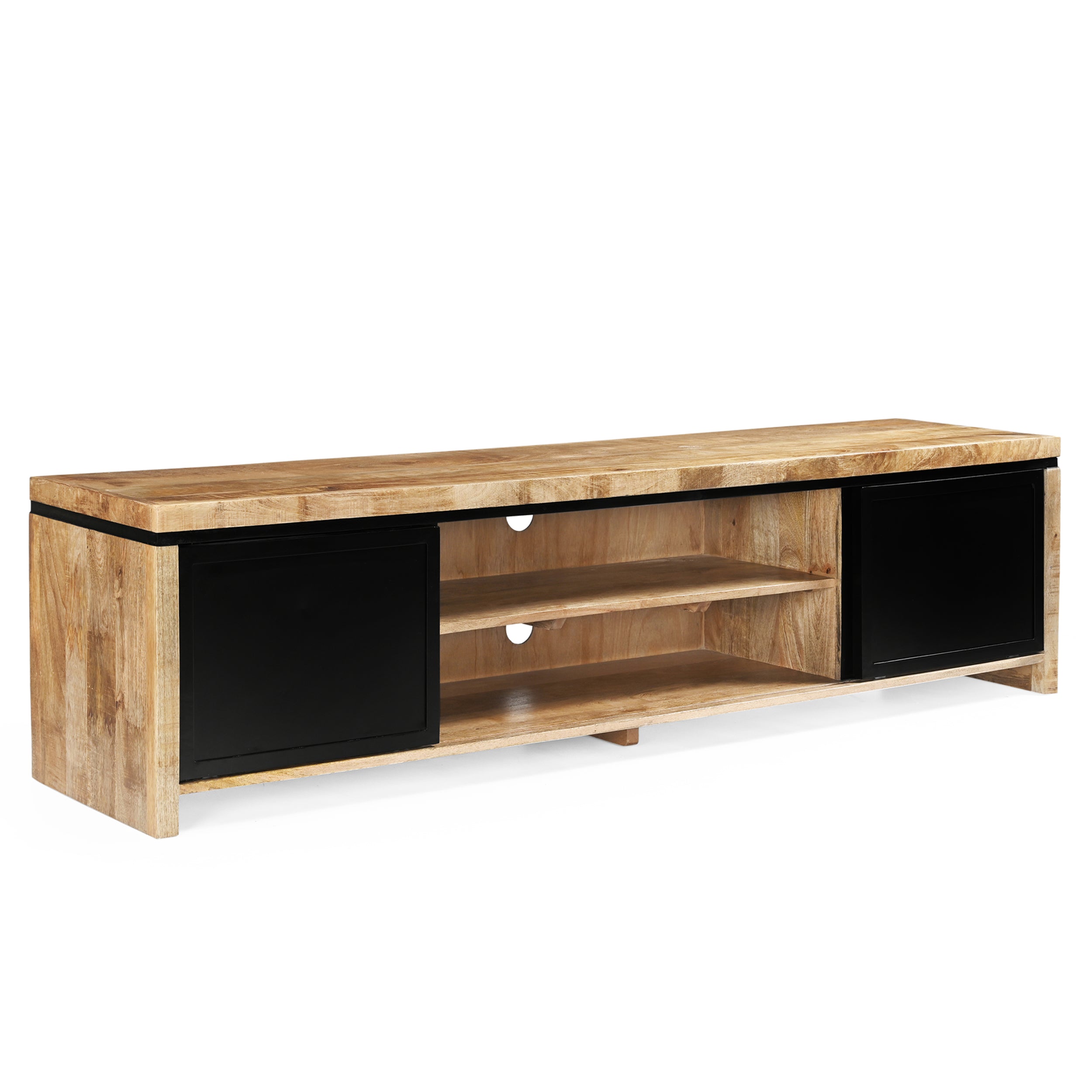 TV-Möbel Novelle auf weißem Hintergrund, ein längliches TV-Möbel aus Holz mit zwei schwarzen Schiebetüren - Benoa