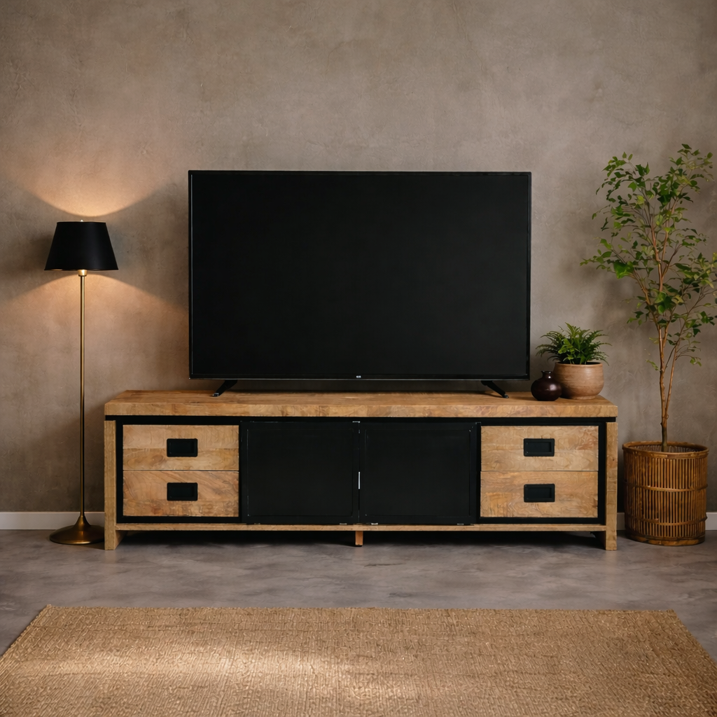 TV-Möbel Novelle in einem stimmungsvollen Wohnzimmer mit Fernseher, Lampe und Pflanzen - Benoa
