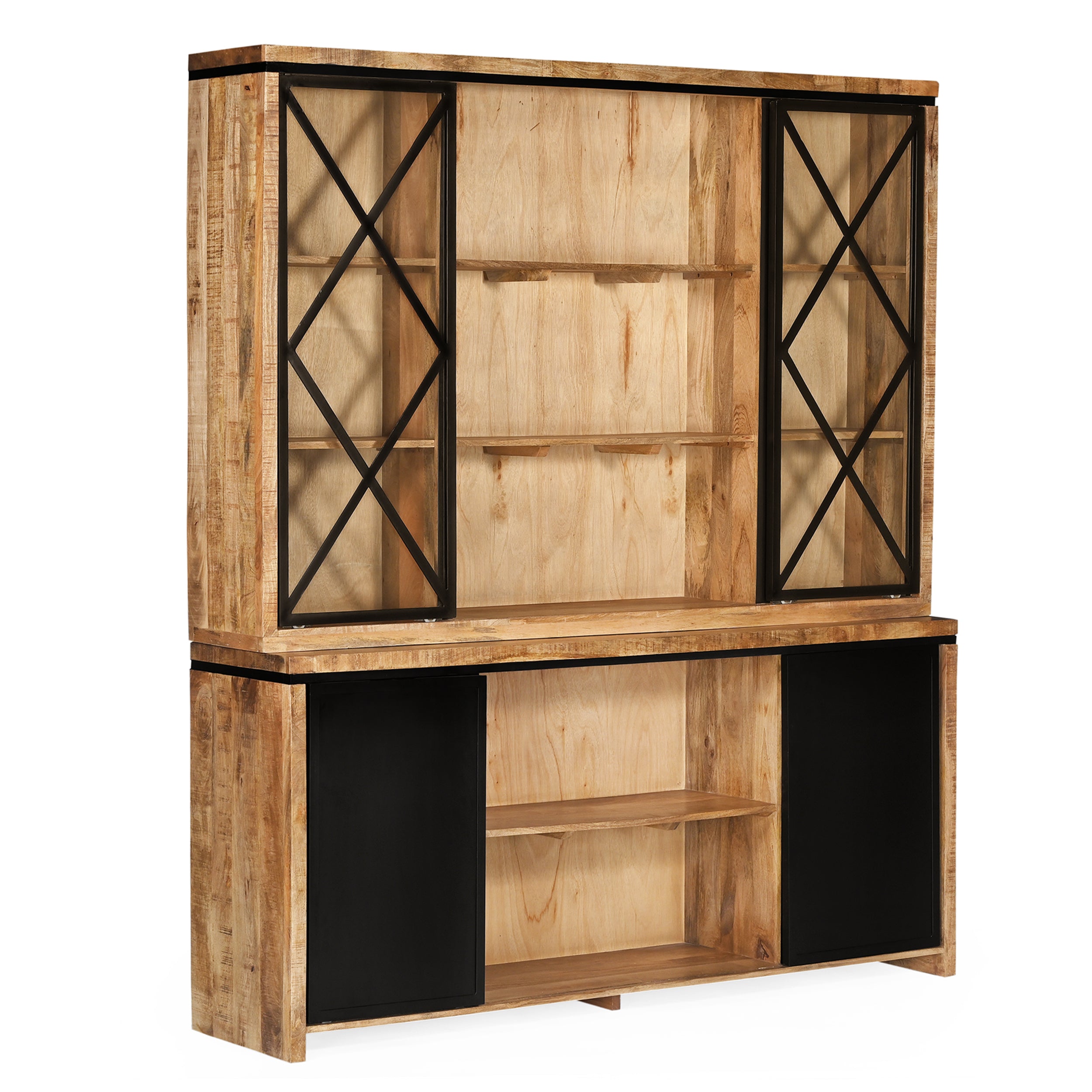 Vitrinenschrank Novelle von Benoa, ein Holzvitrinenschrank mit Glasschiebetüren und schwarzen Details auf weißem Hintergrund