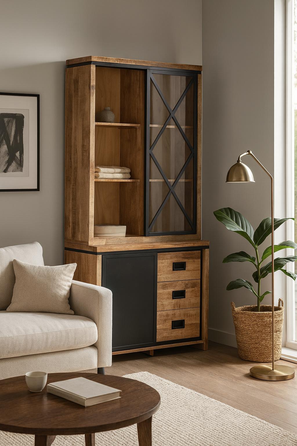 Vitrinenschrank Novelle in einem stimmungsvollen Wohnzimmer mit Sofa, Couchtisch und Pflanze - Benoa