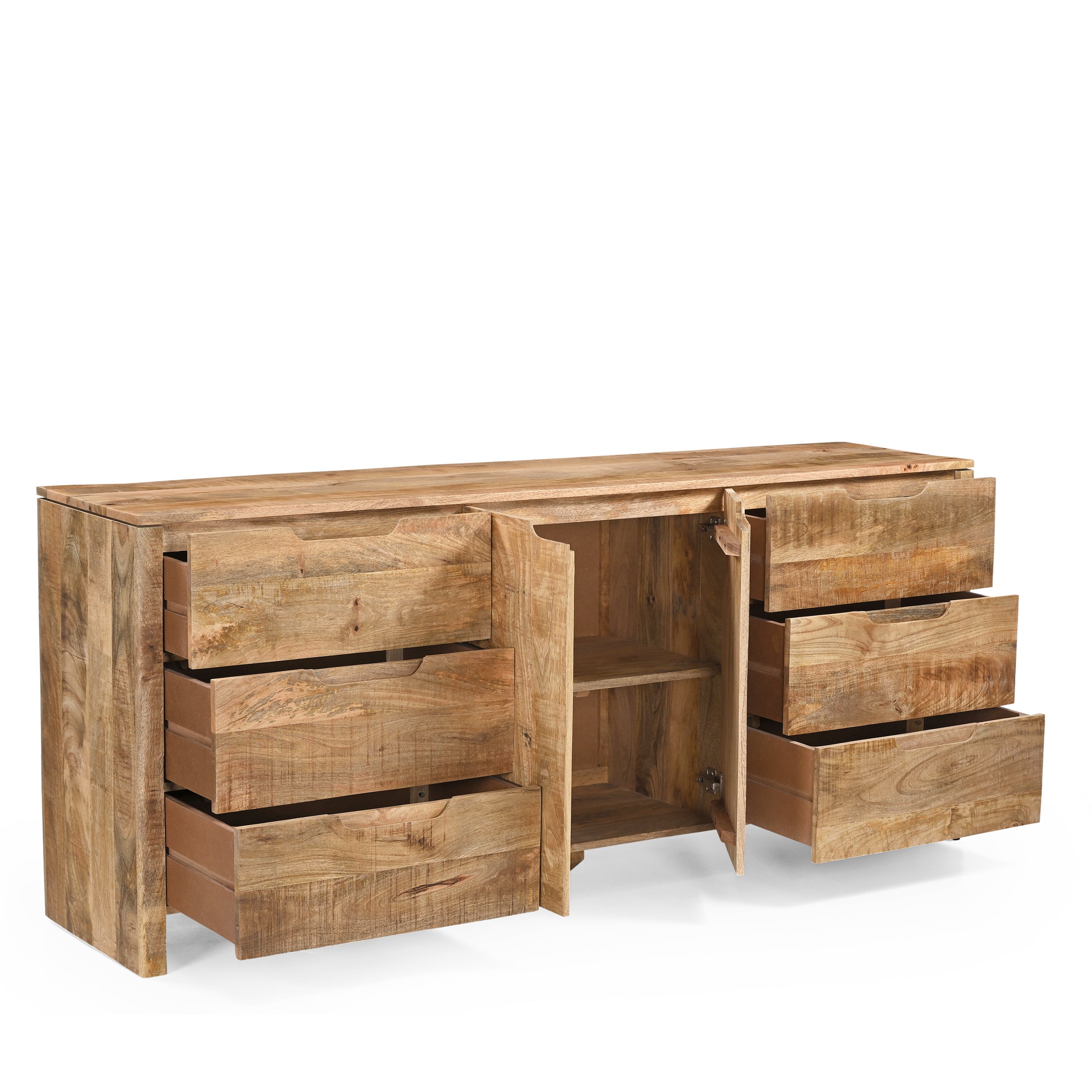 Sideboard Sophie mit drei geöffneten Schubladen auf der linken Seite und einer geöffneten Schranktür in der Mitte, auf weißem Hintergrund - Benoa