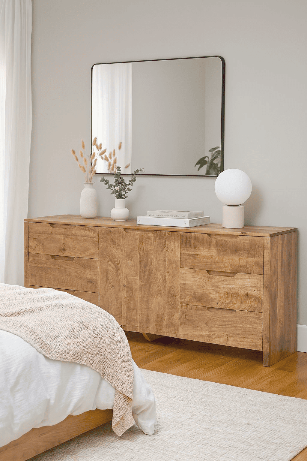 Sideboard Sophie in einem Schlafzimmer-Ambiente, mit einem Spiegel und Dekoration darüber und einem Bett daneben - Benoa