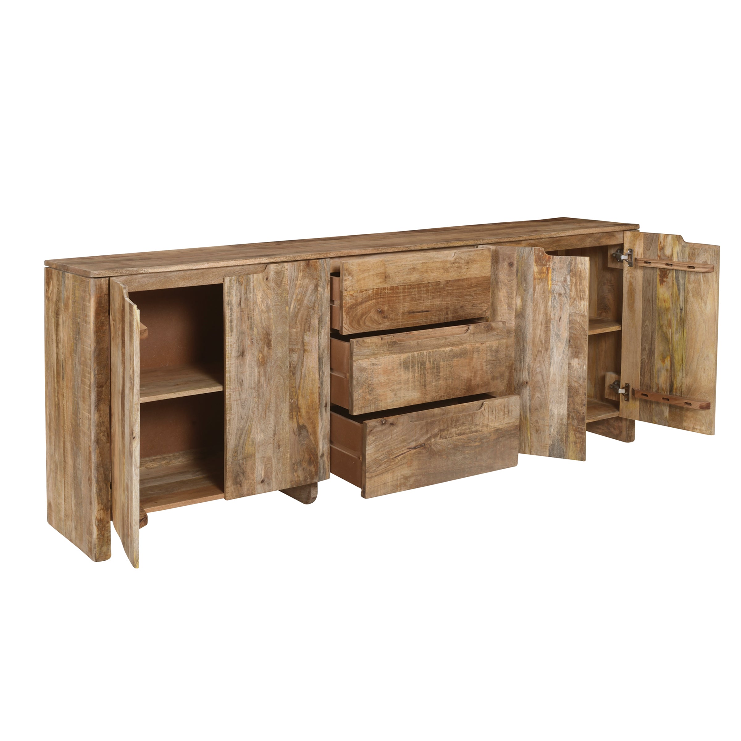 Sideboard Sophie mit drei offenen Schubladen und zwei geöffneten Türen auf weißem Hintergrund - Benoa
