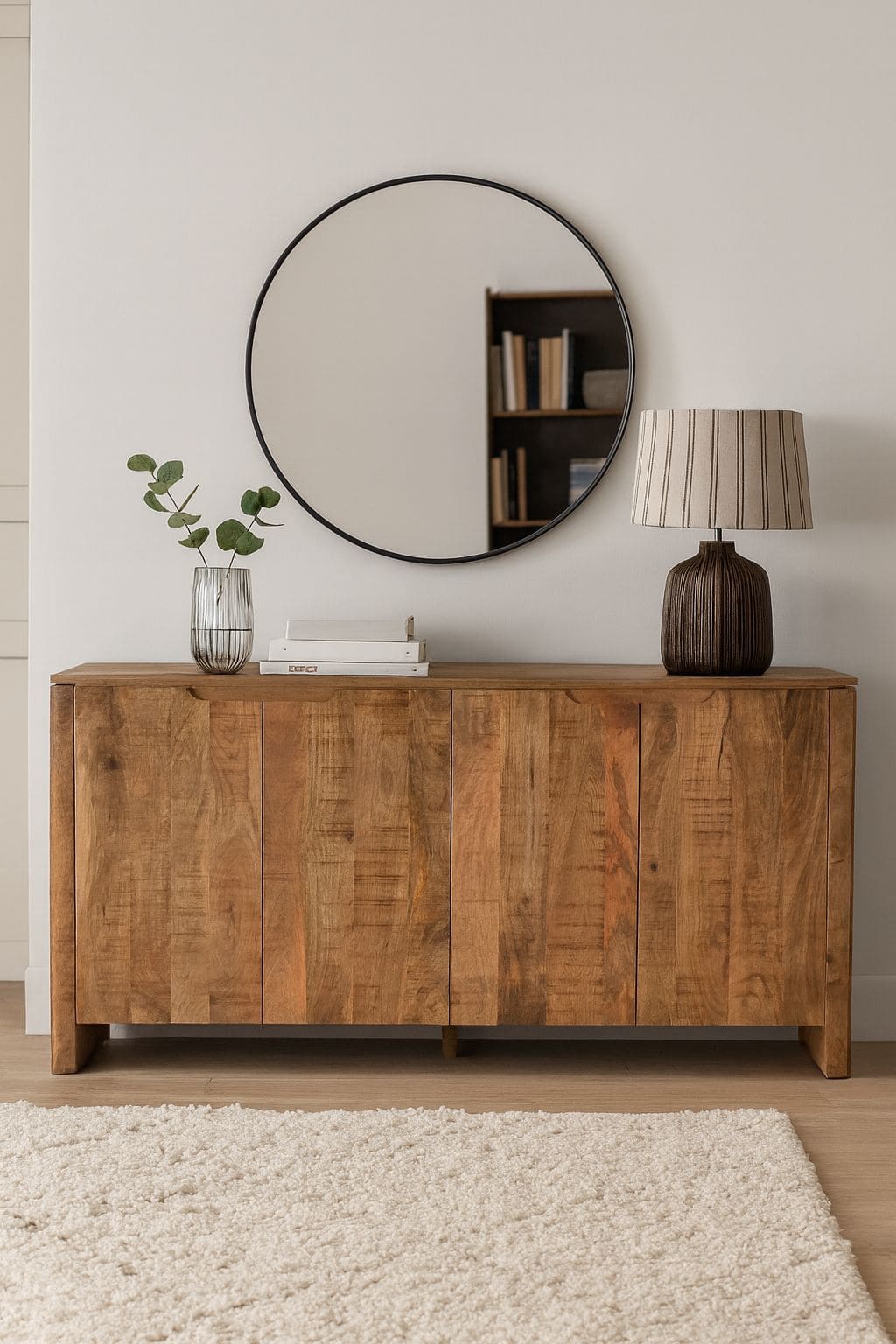 Sideboard Sophie mit Türen 160 in einem hellen Wohnzimmer mit Spiegel, Vase und Lampe - Benoa