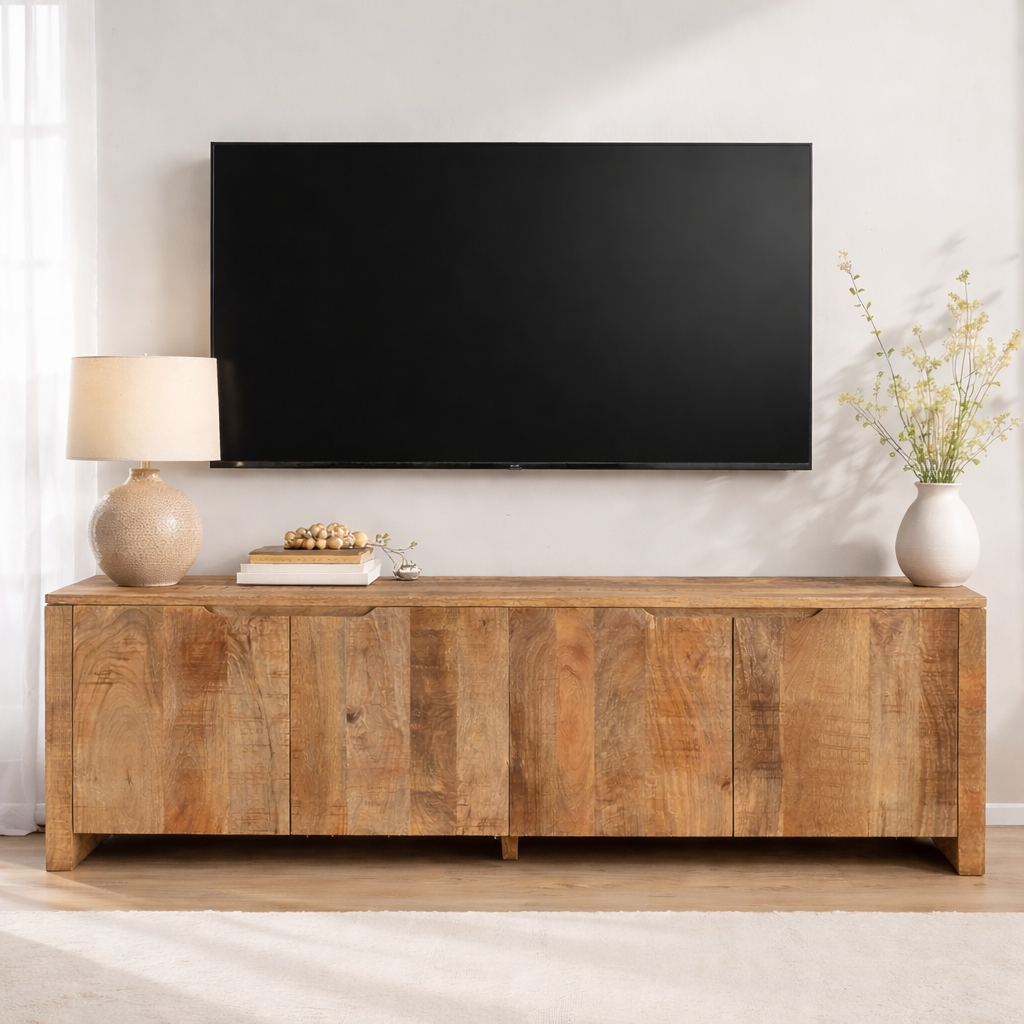 TV-Möbel Sophie in einem hellen Wohnzimmer mit einem Fernseher darüber und Dekoration darauf - Benoa