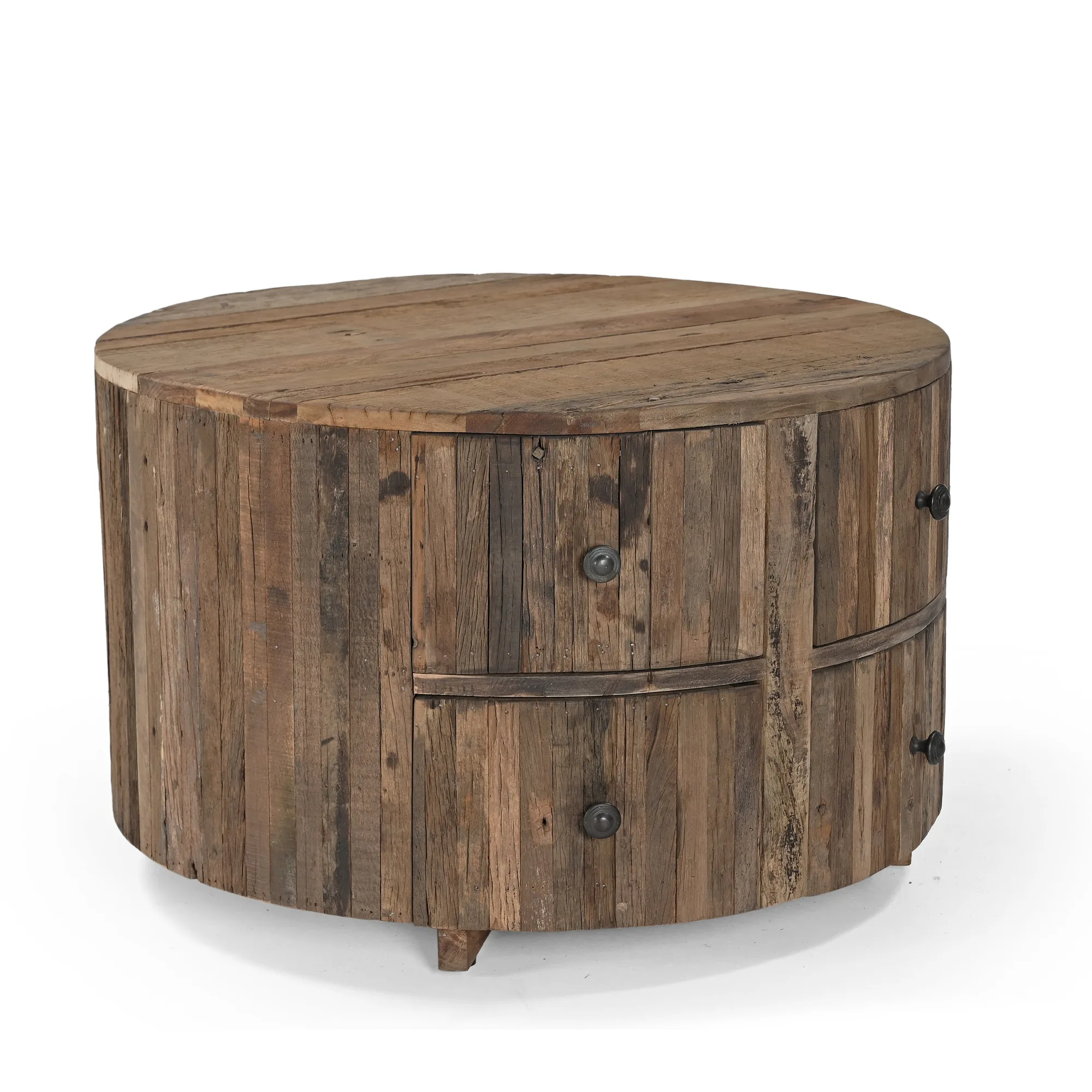 Couchtisch Rund mit 4 Schubladen Roots (verweerd Holz, Natur) - Benoa