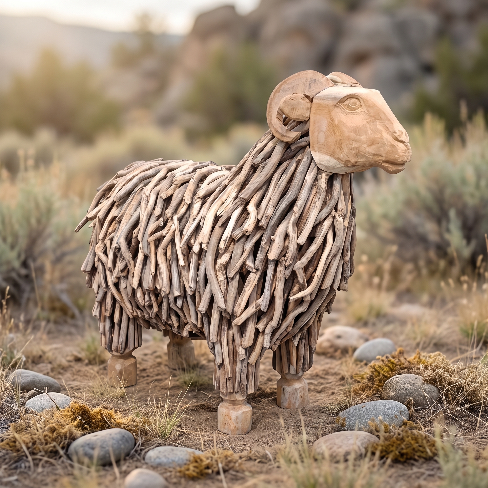 Reclaimed teak sheep, with a long fleece