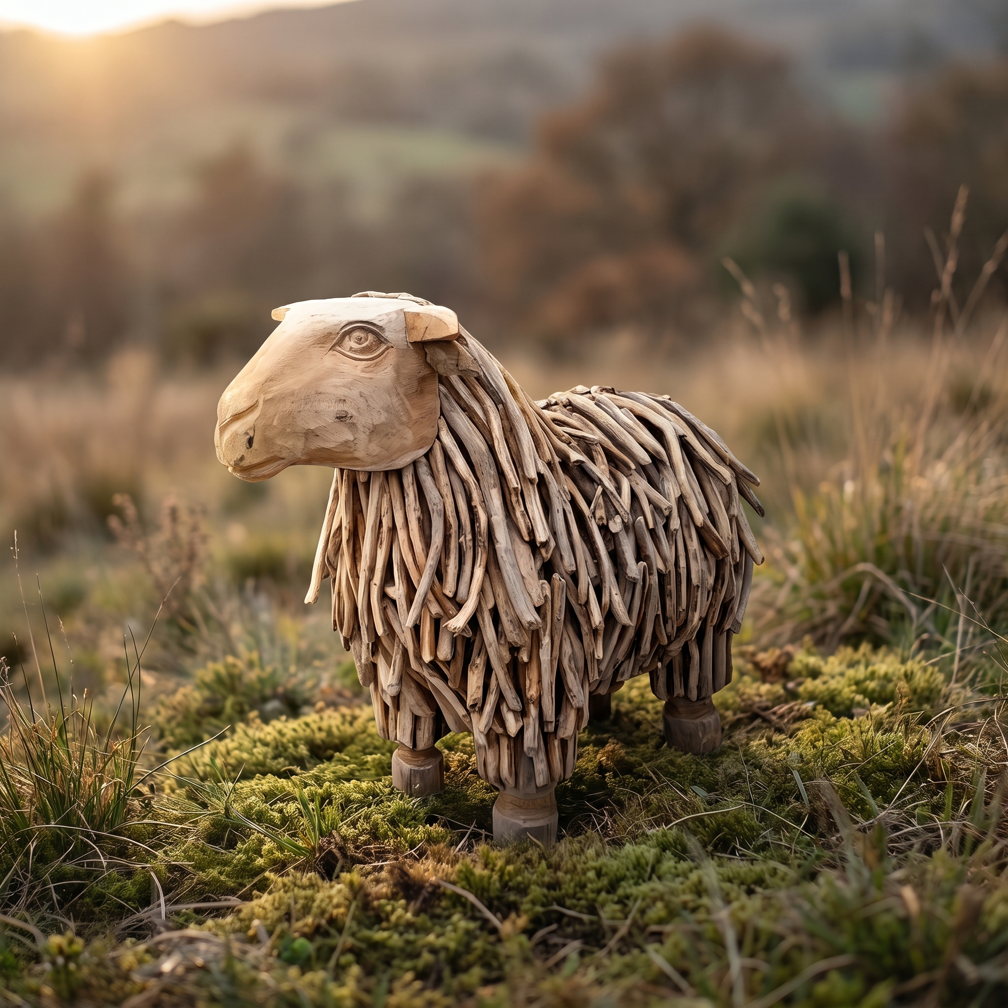 Reclaimed teak sheep, with a long fleece - World of Brosi
