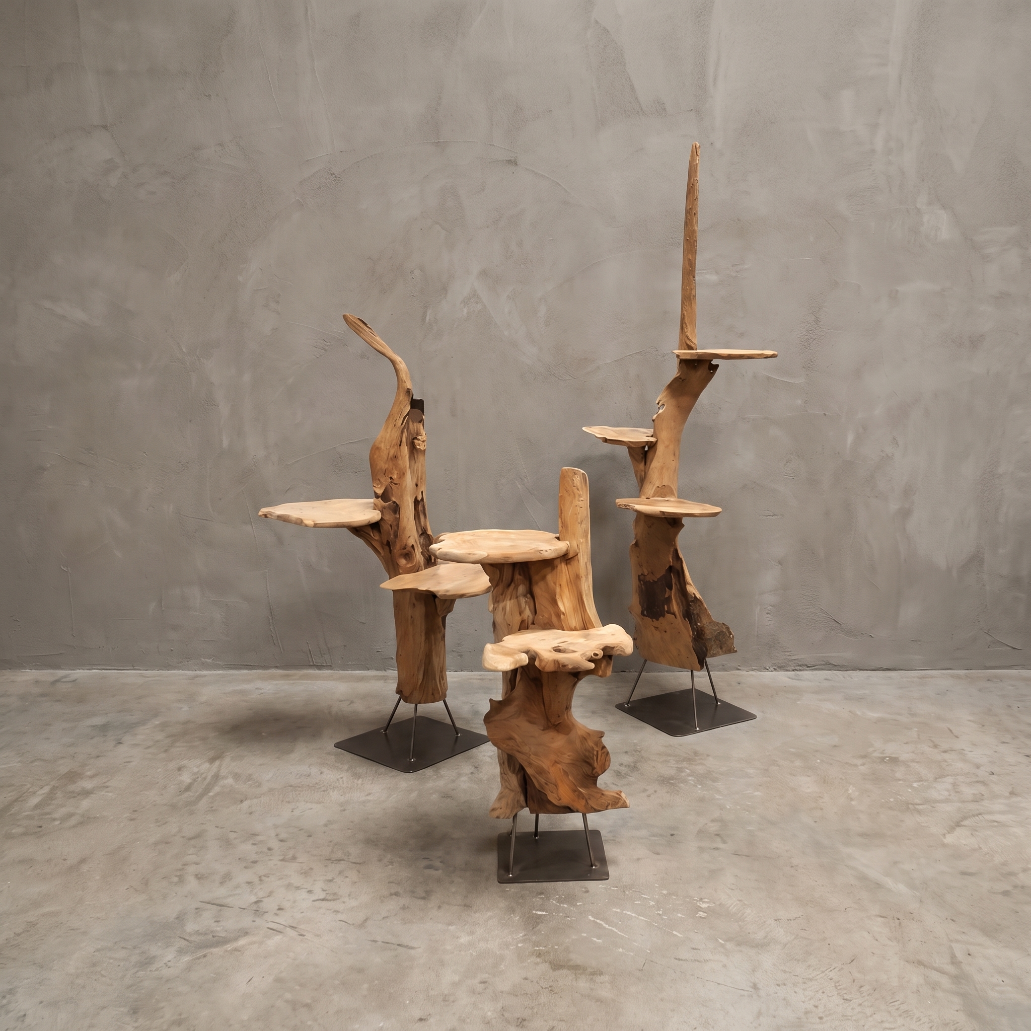 Root-wood plant stand metal base