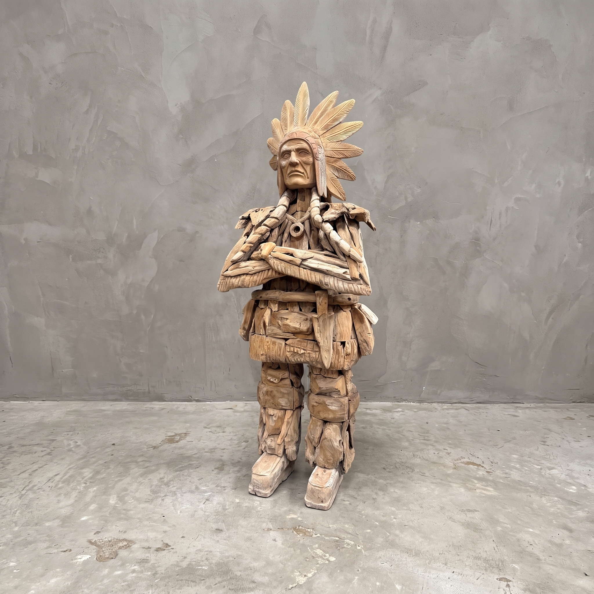 Wooden figure with feathered headdress