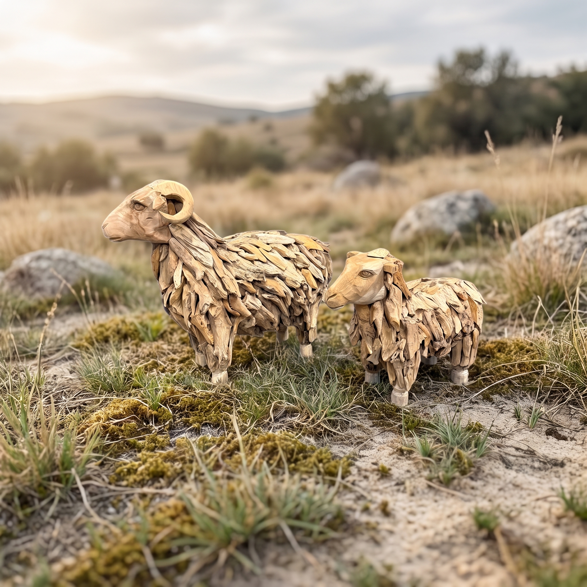 Reclaimed teak sheep, with a layered fleece - World of Brosi