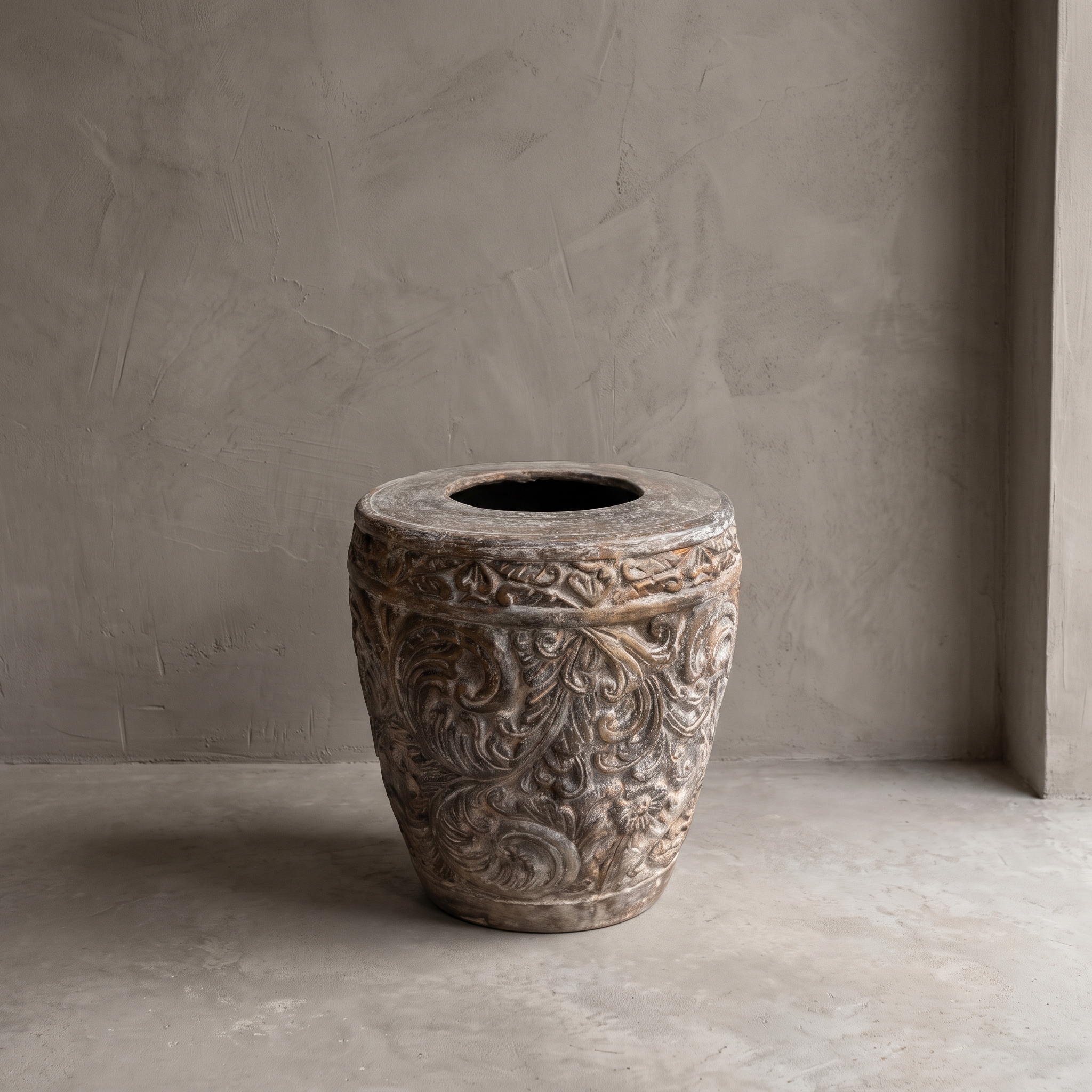Ukir polystone planter with floral relief