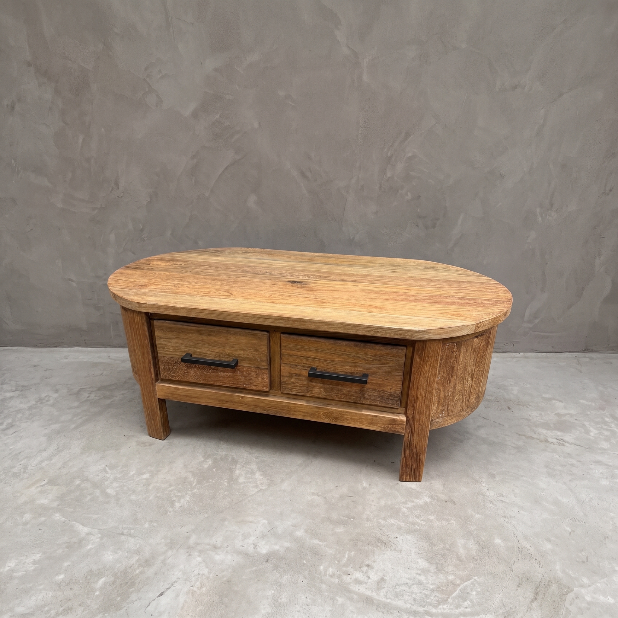 Mesa de centro Cortese ovalada de madera de teca con cajones (Teca reciclada) - World of Brosi