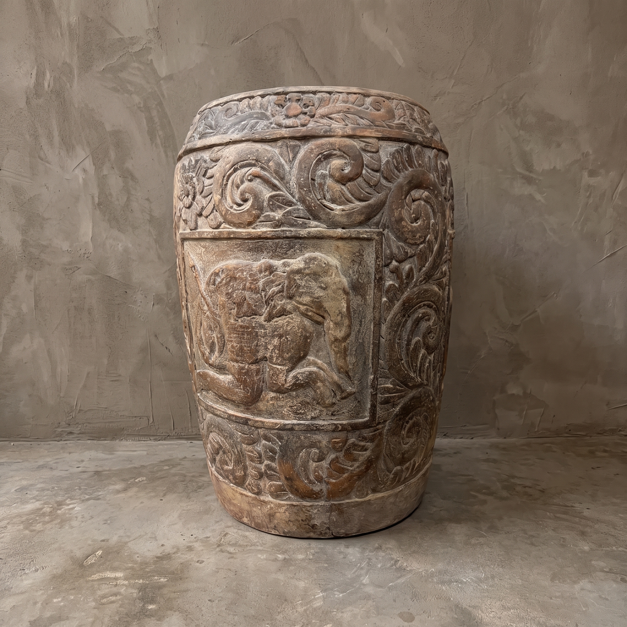 Ukir polystone planter with floral relief - World of Brosi