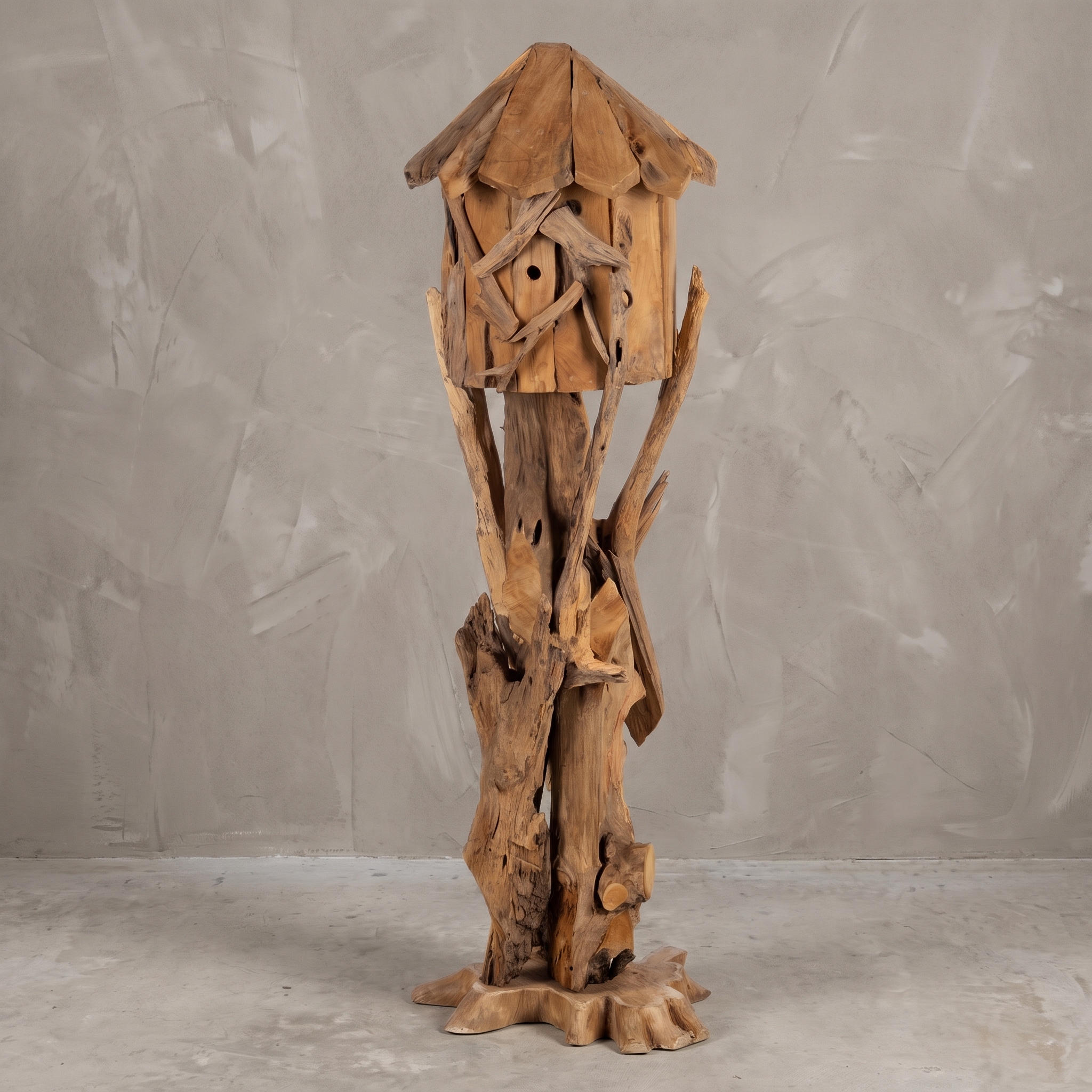 Teak stand, closed birdhouse