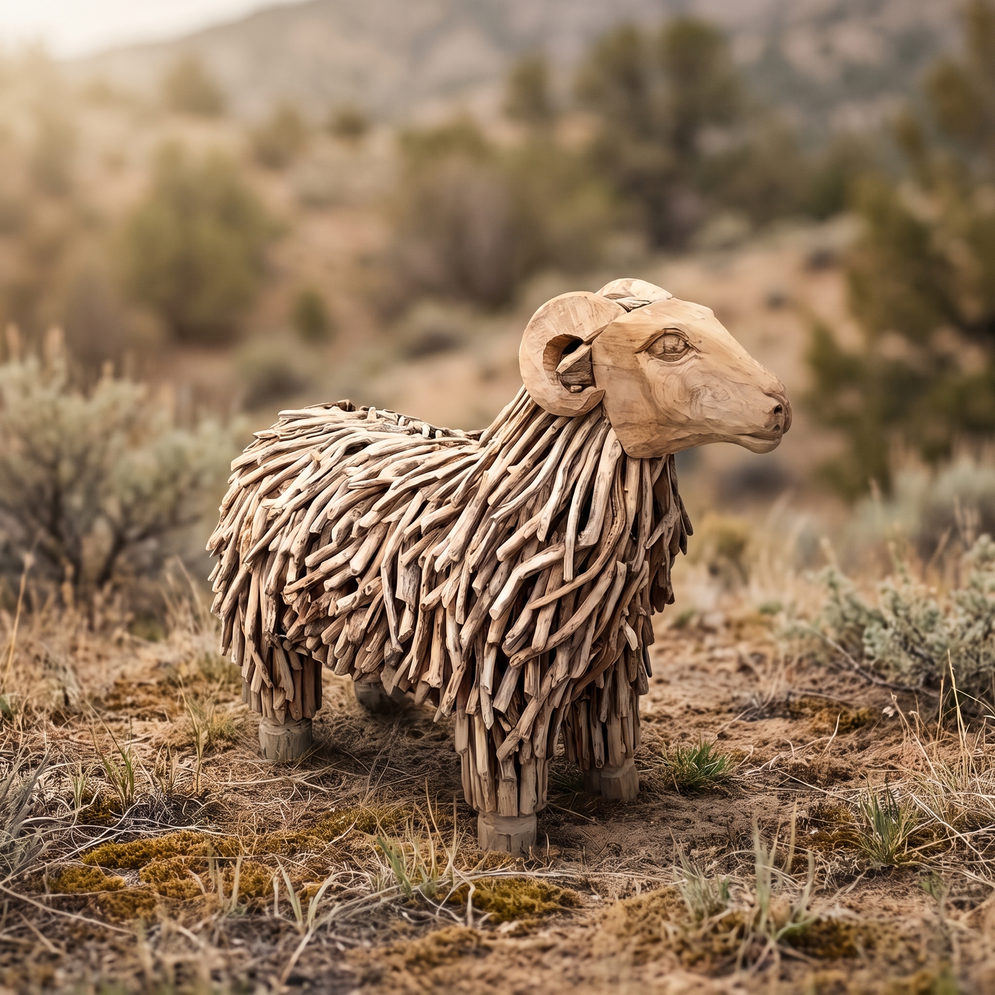 Reclaimed teak sheep, with a long fleece - World of Brosi