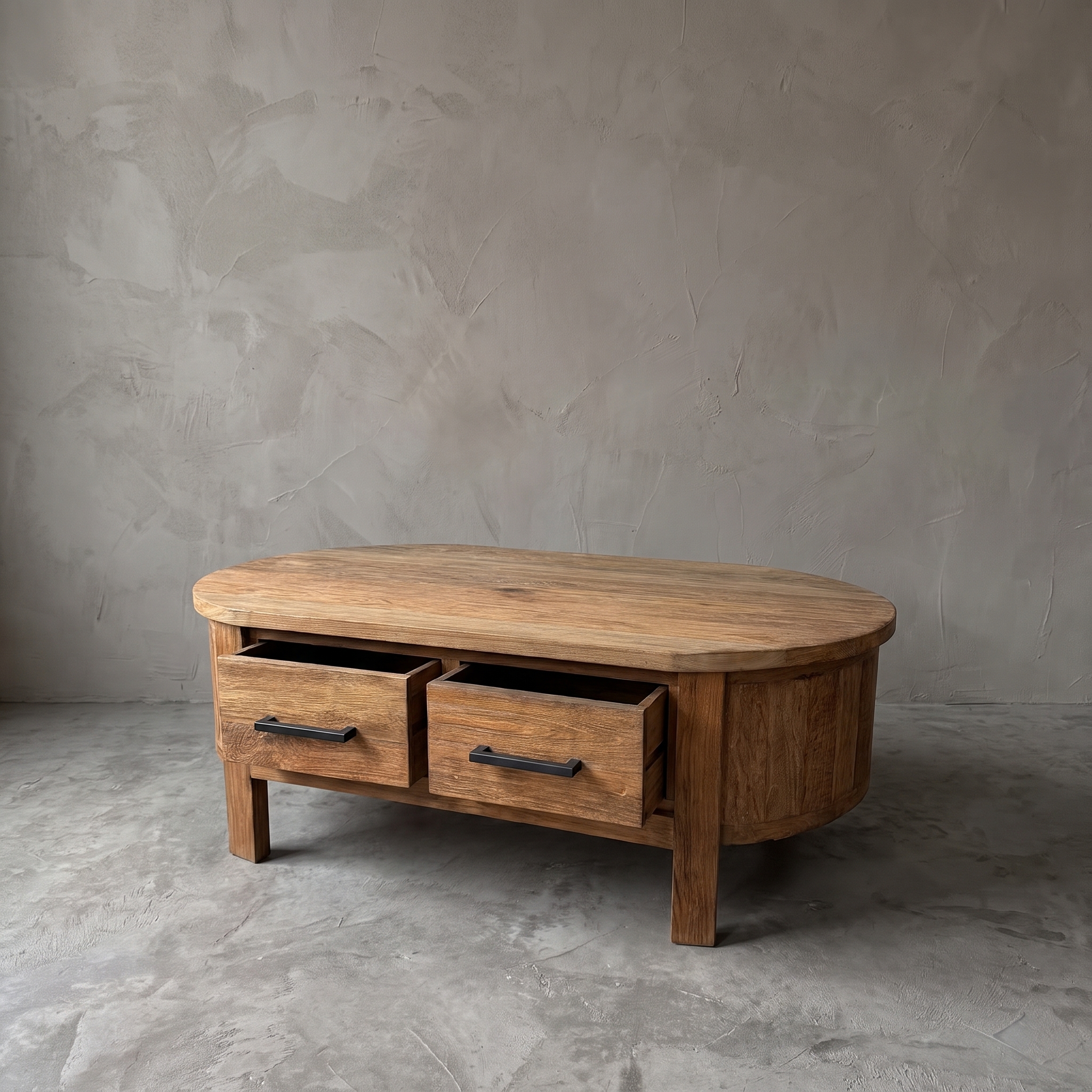 Couchtisch Cortese oval Teakholz mit Schubladen (Recyceltes Teakholz) - World of Brosi