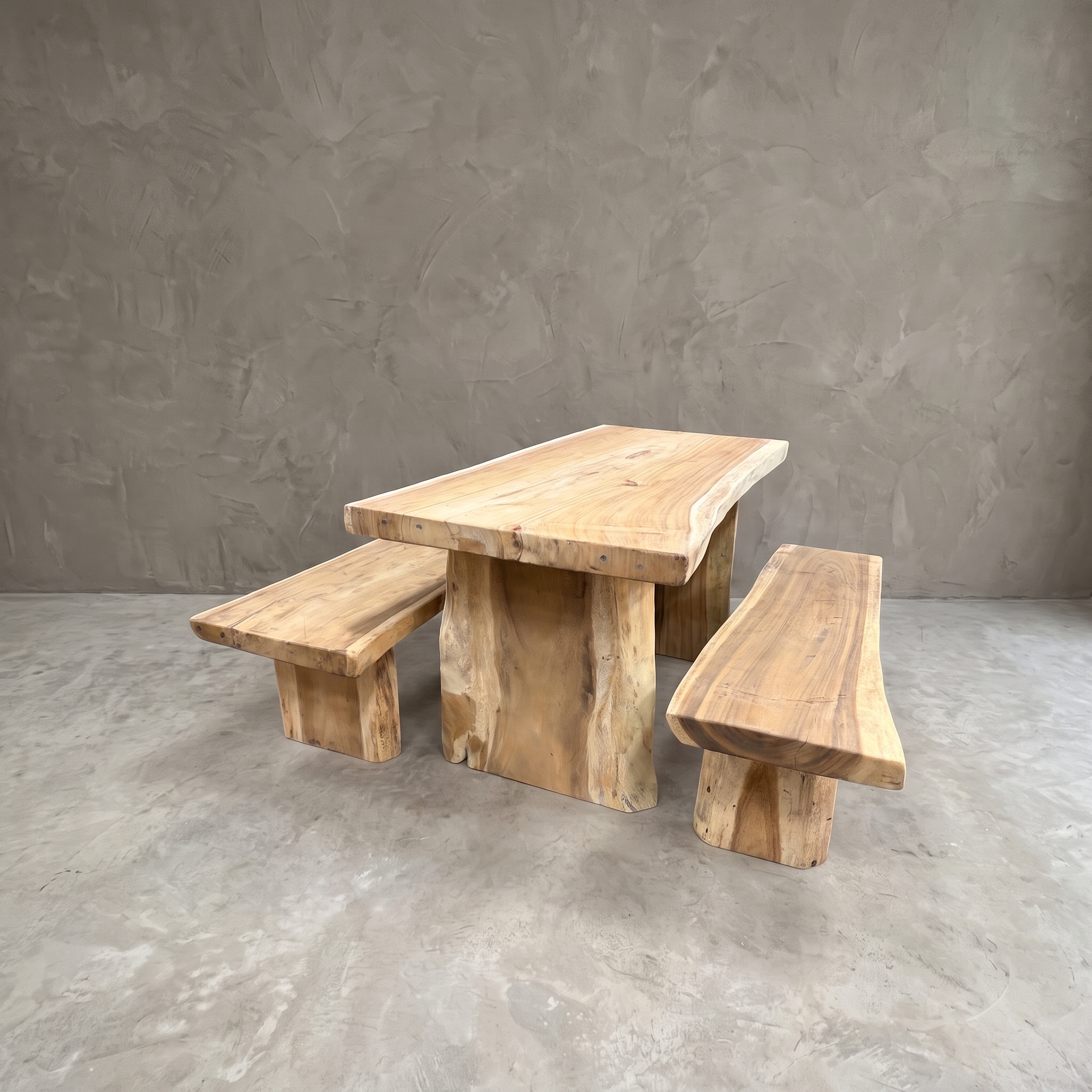 Suar wood dining table with two benches, set of 3 - World of Brosi