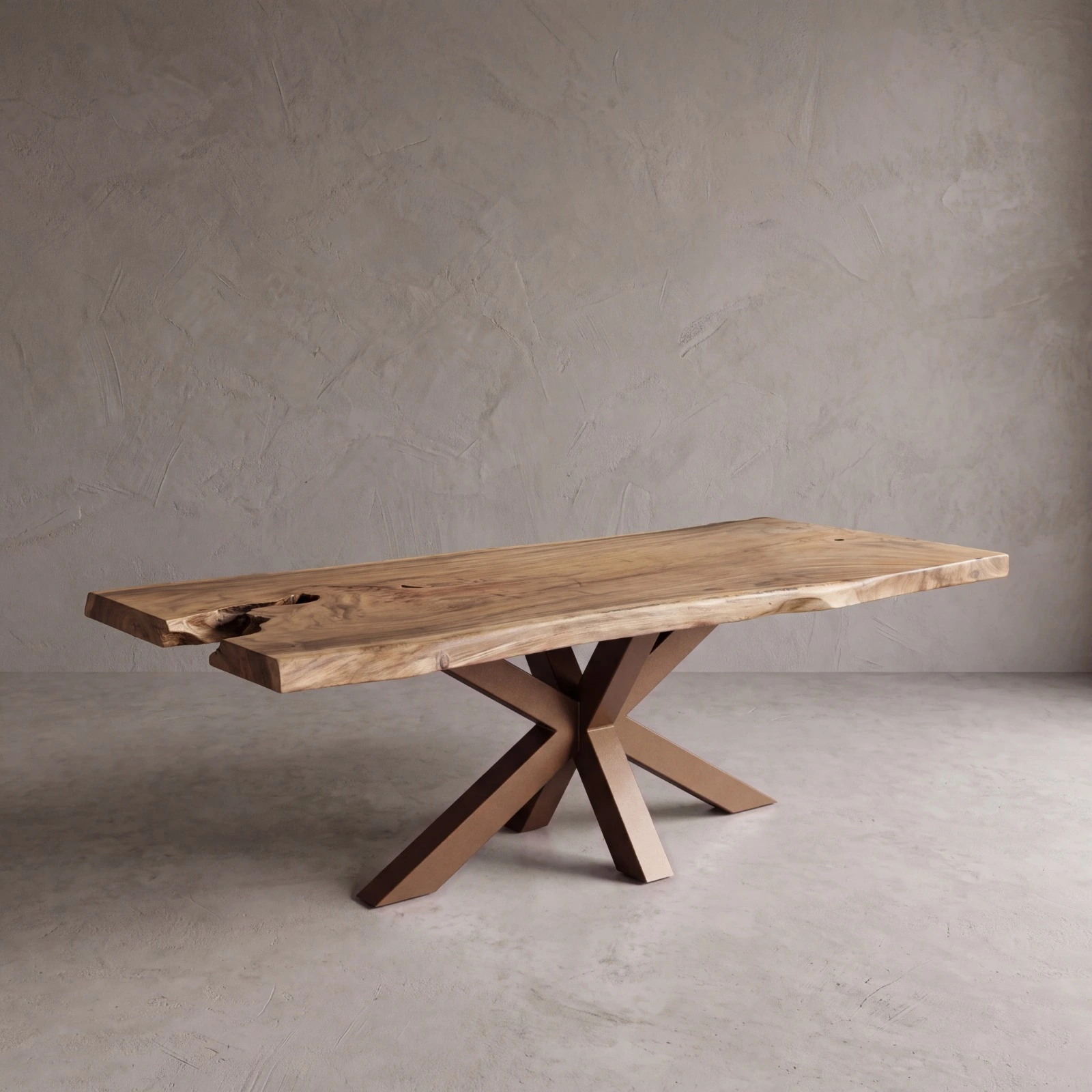 Suarholz-Baumstammtisch von Brosi mit pulverbeschichtetem Spinnengestell in Braun