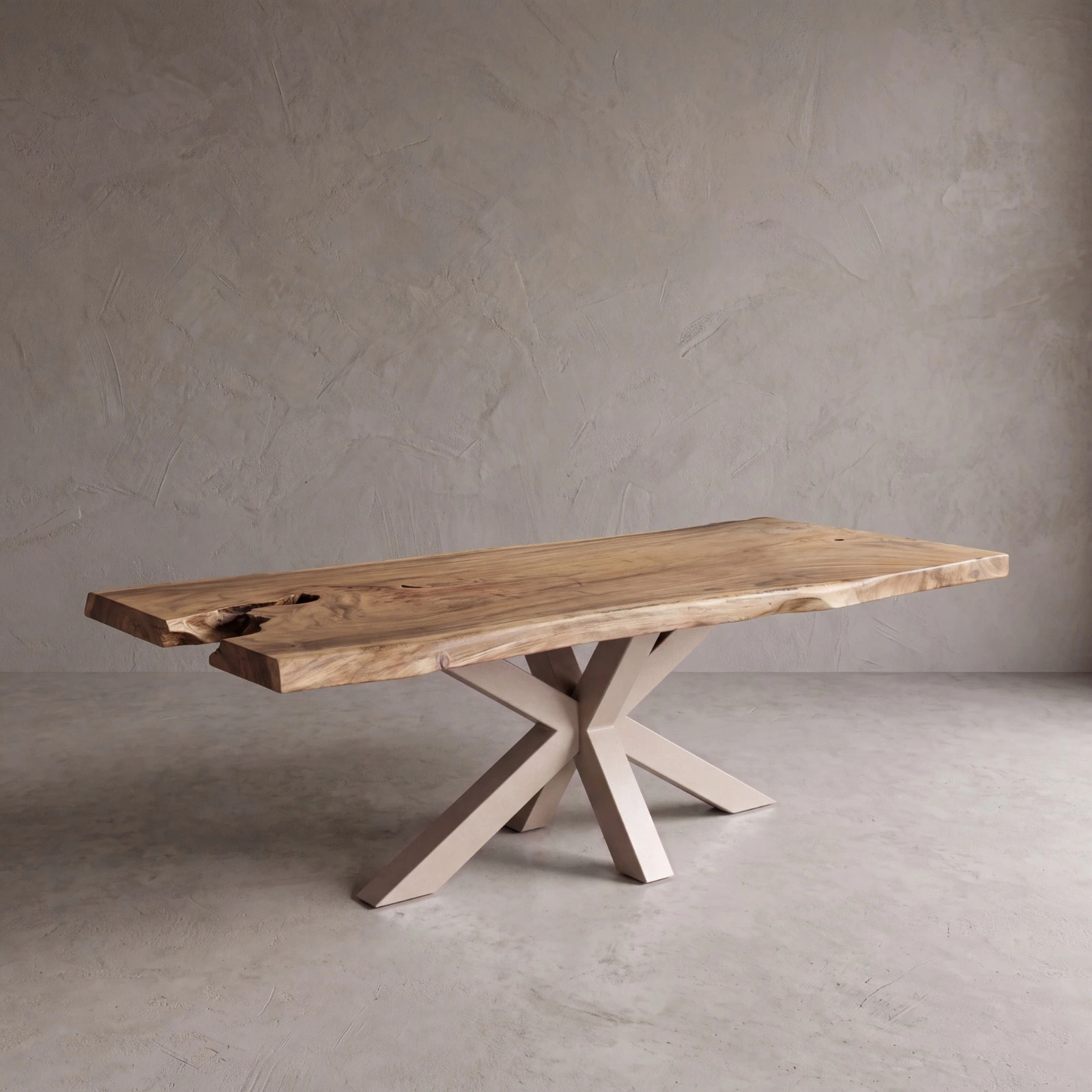 Suarholz-Baumstammtisch von Brosi mit pulverbeschichtetem Spinnengestell in Sand