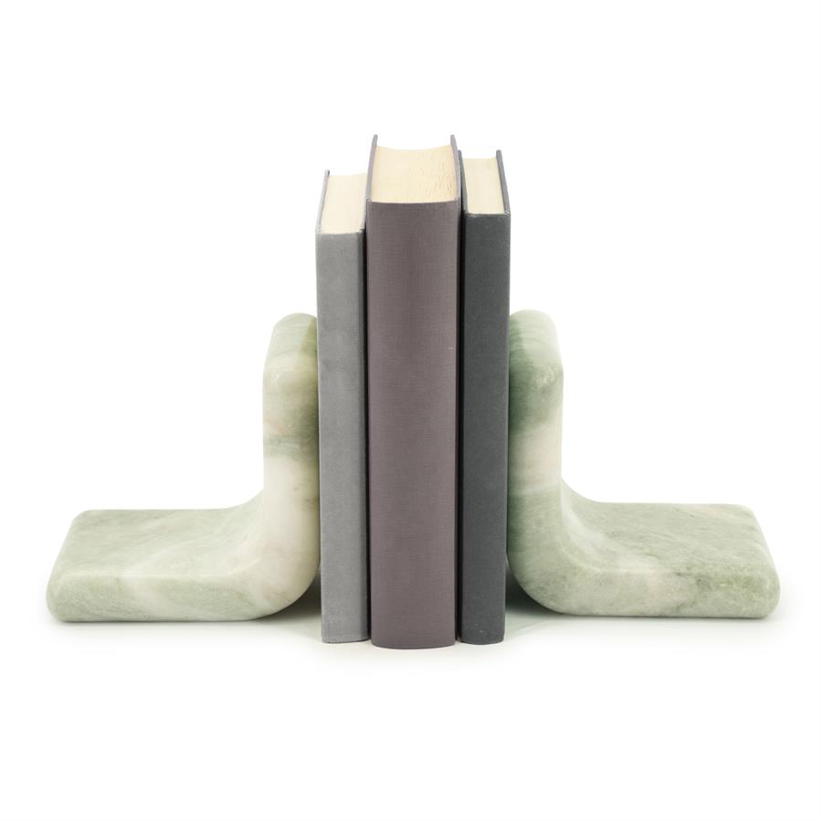 Zwei Buchstütze Verde Buchstützen mit drei Büchern dazwischen, fotografiert auf weißem Hintergrund - By-Boo