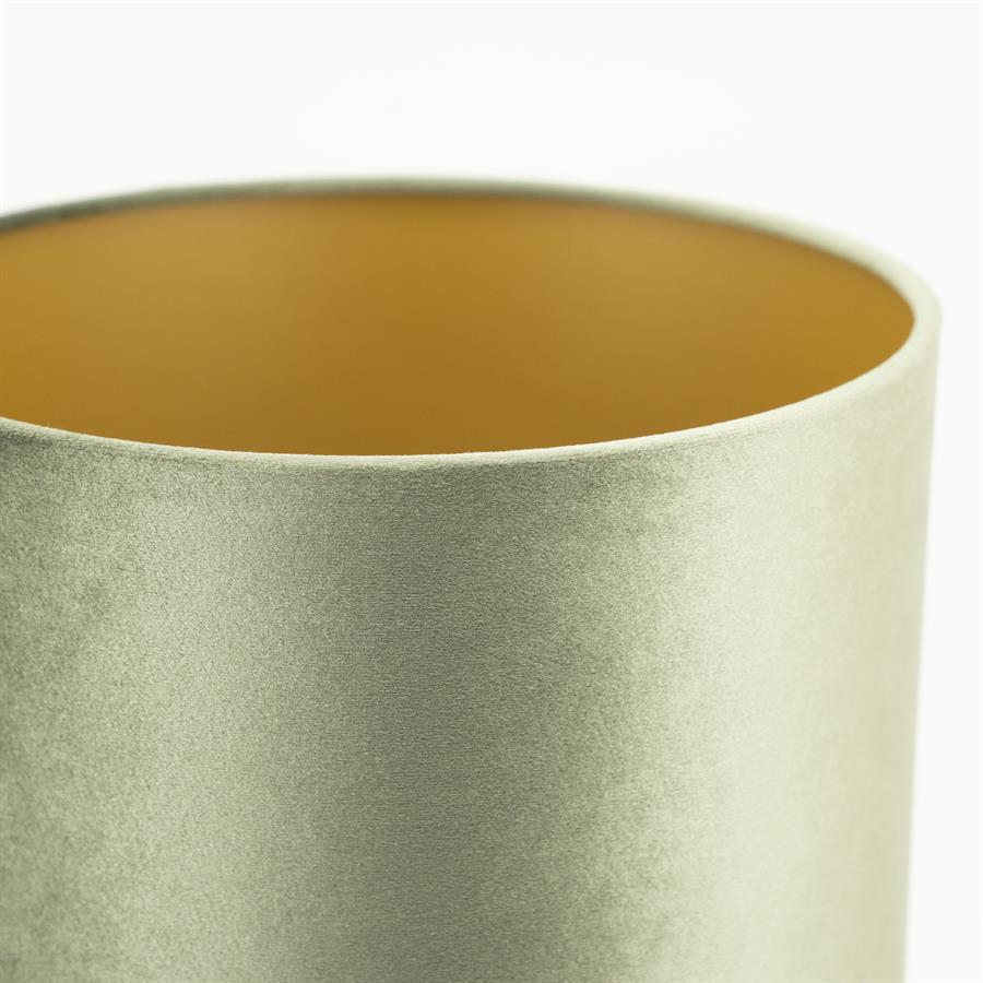 Nahaufnahme der Tischleuchte Verde mit hellgrüner Samtaußenseite und goldfarbener Innenseite - By-Boo