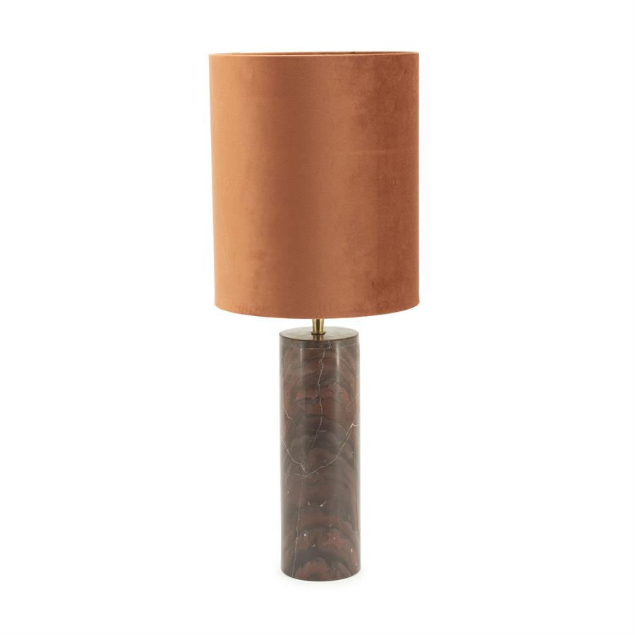 Tischlampe Rosso auf weißem Hintergrund, mit braunem Lampenschirm und dunkelrotem Marmorfuß - By-Boo